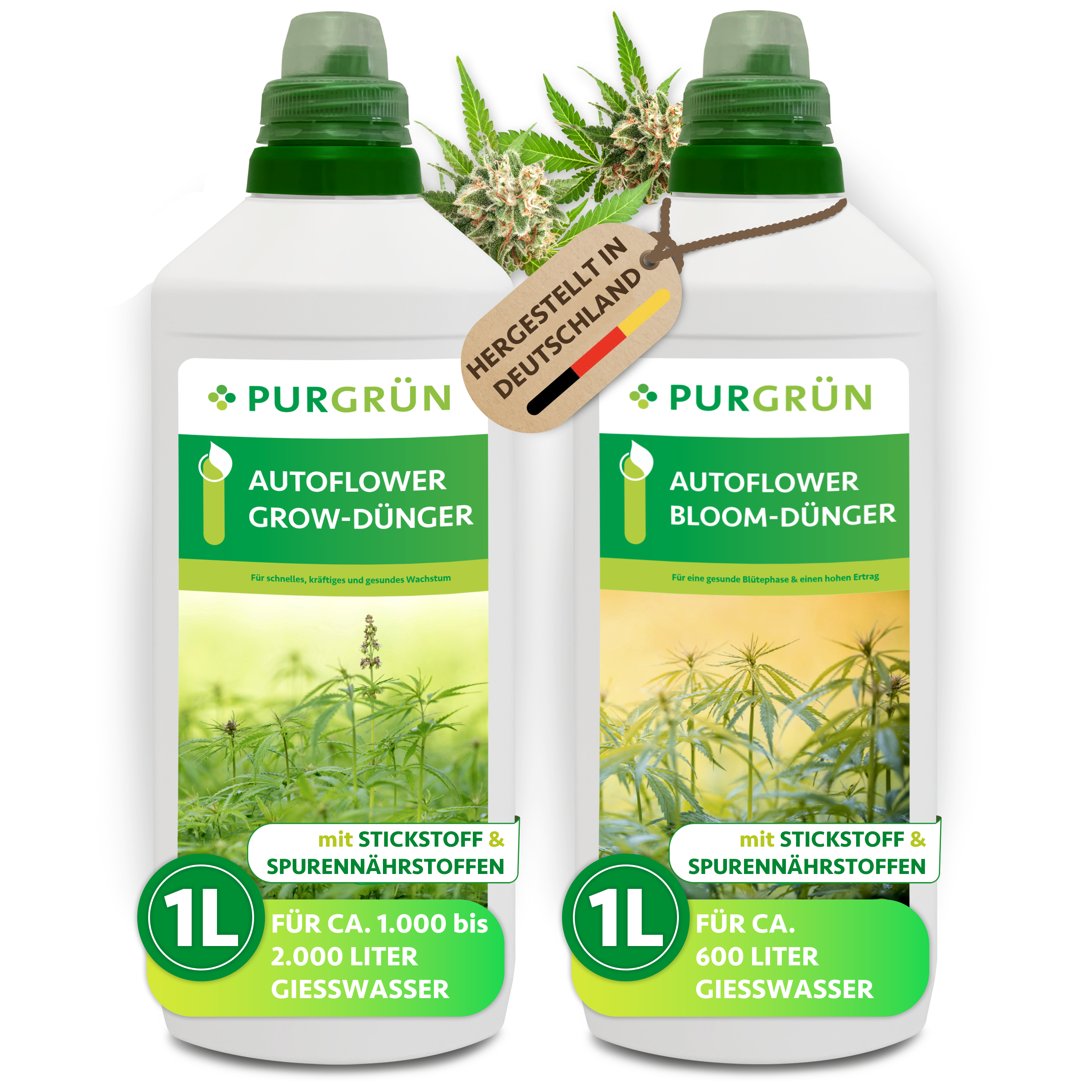 Autoflower Dünger Set Grow & Bloom flüssig 2 × 1 L für bis zu 2000 L Gießwasser, für Wachstum & Blüte – Purgrün