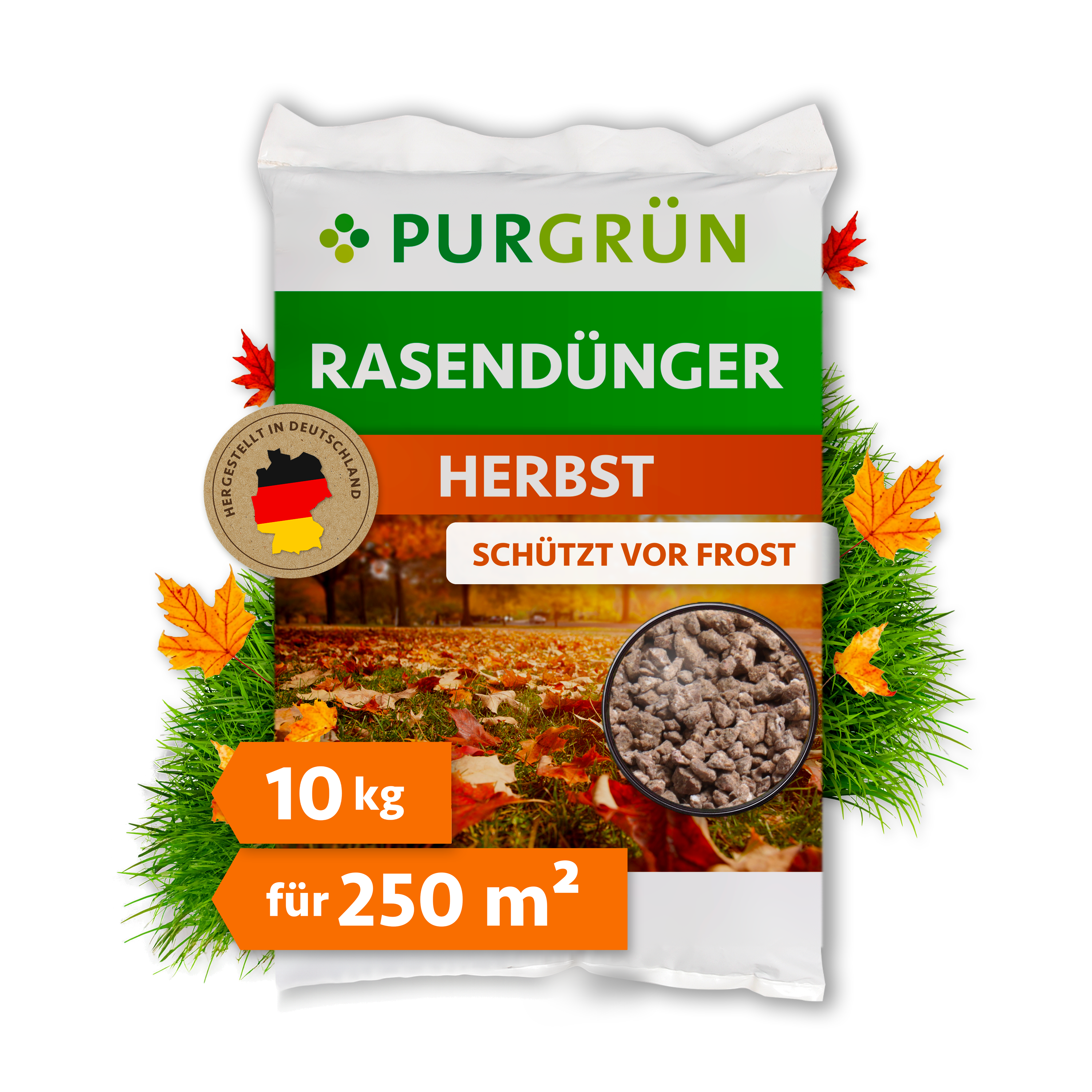 Herbstrasendünger Granulat 10 kg, kaliumreich, schützt vor Frost, mit Langzeitwirkung – Purgrün