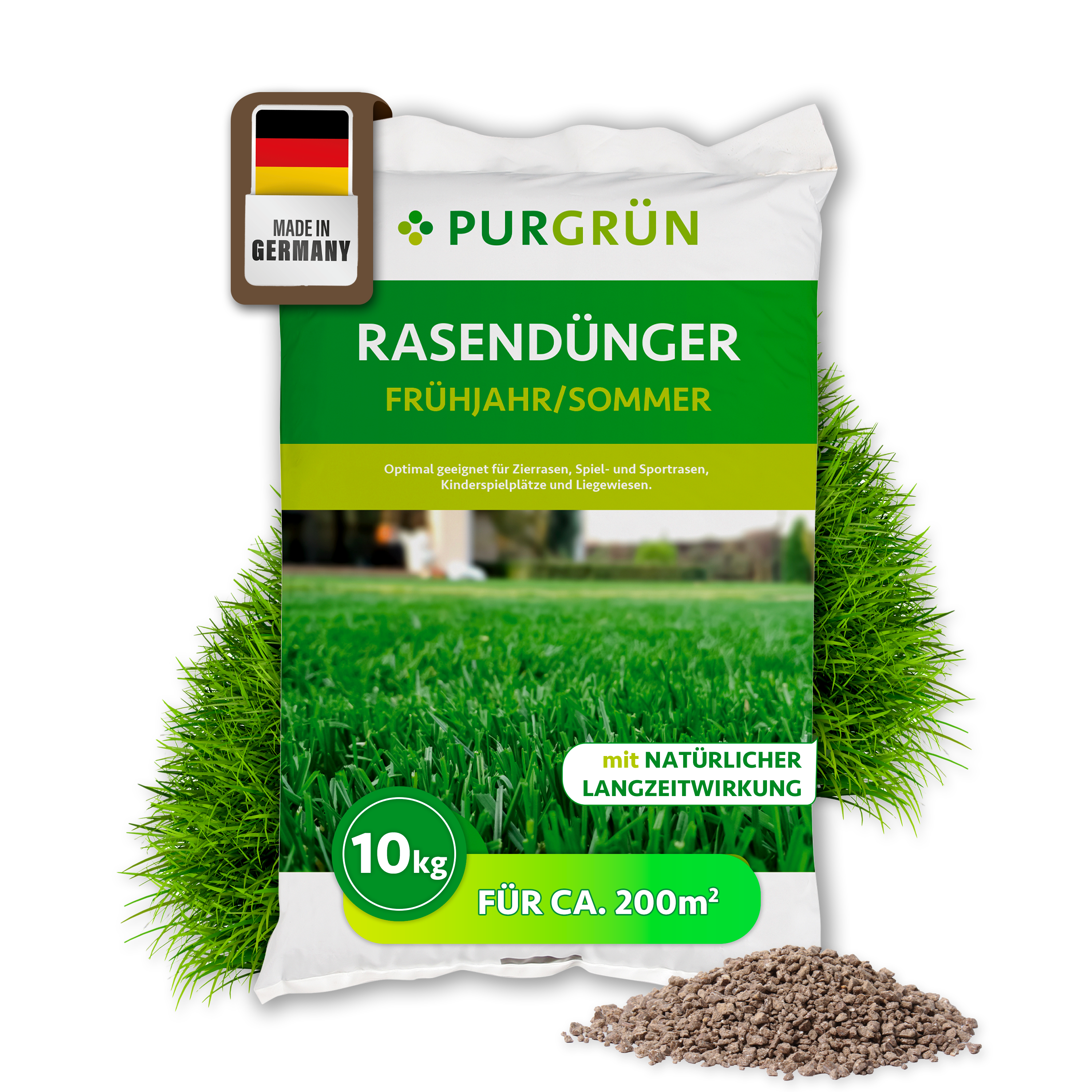 Purgrün / Langzeit Rasendünger Granulat 10 kg für 200 m², organisch-mineralisch mit Horngrieß