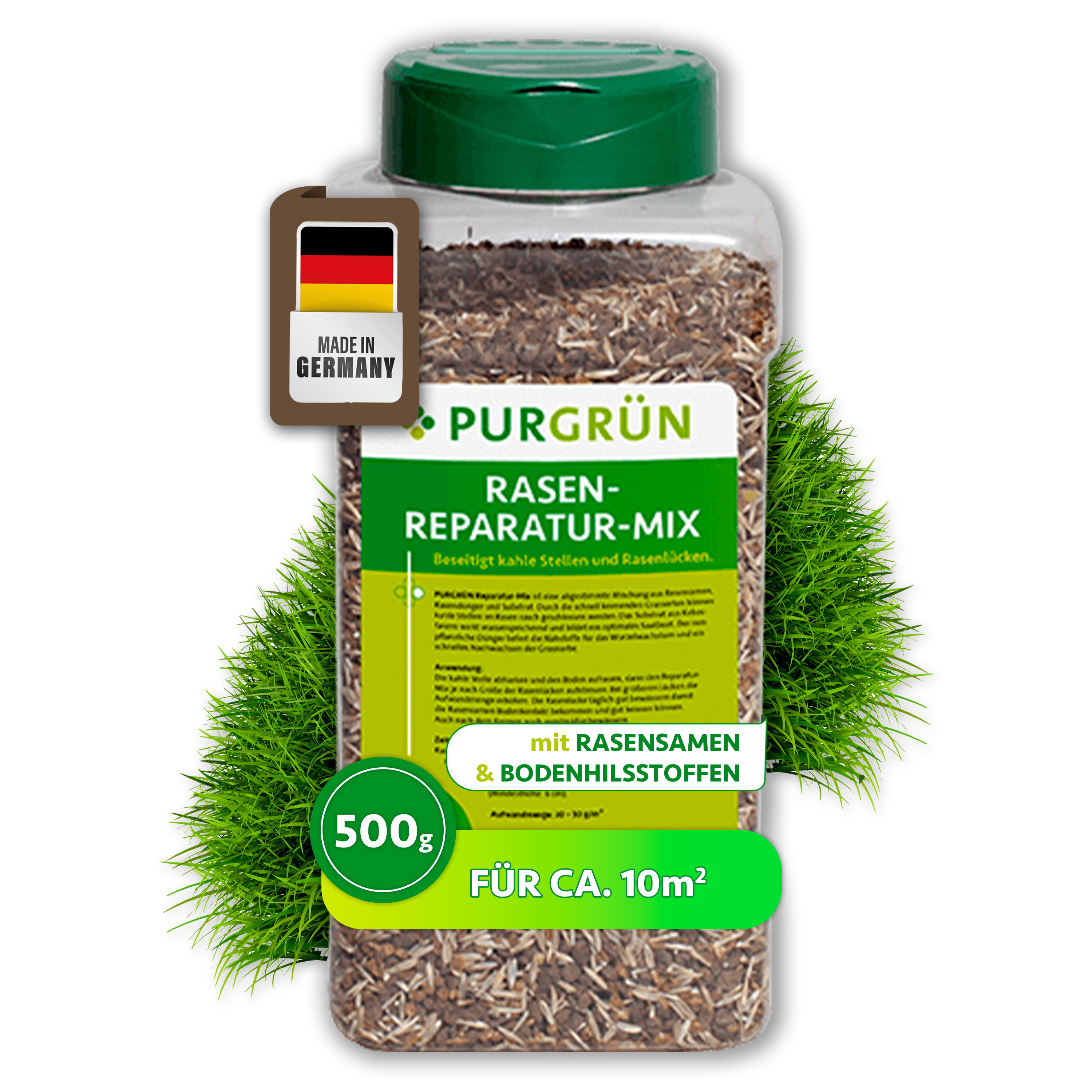 Rasen-Reparatur-Mix 0,5 kg für 10 m², gegen kahle Stellen, mit Rasensamen & organischem Dünger – Purgrün
