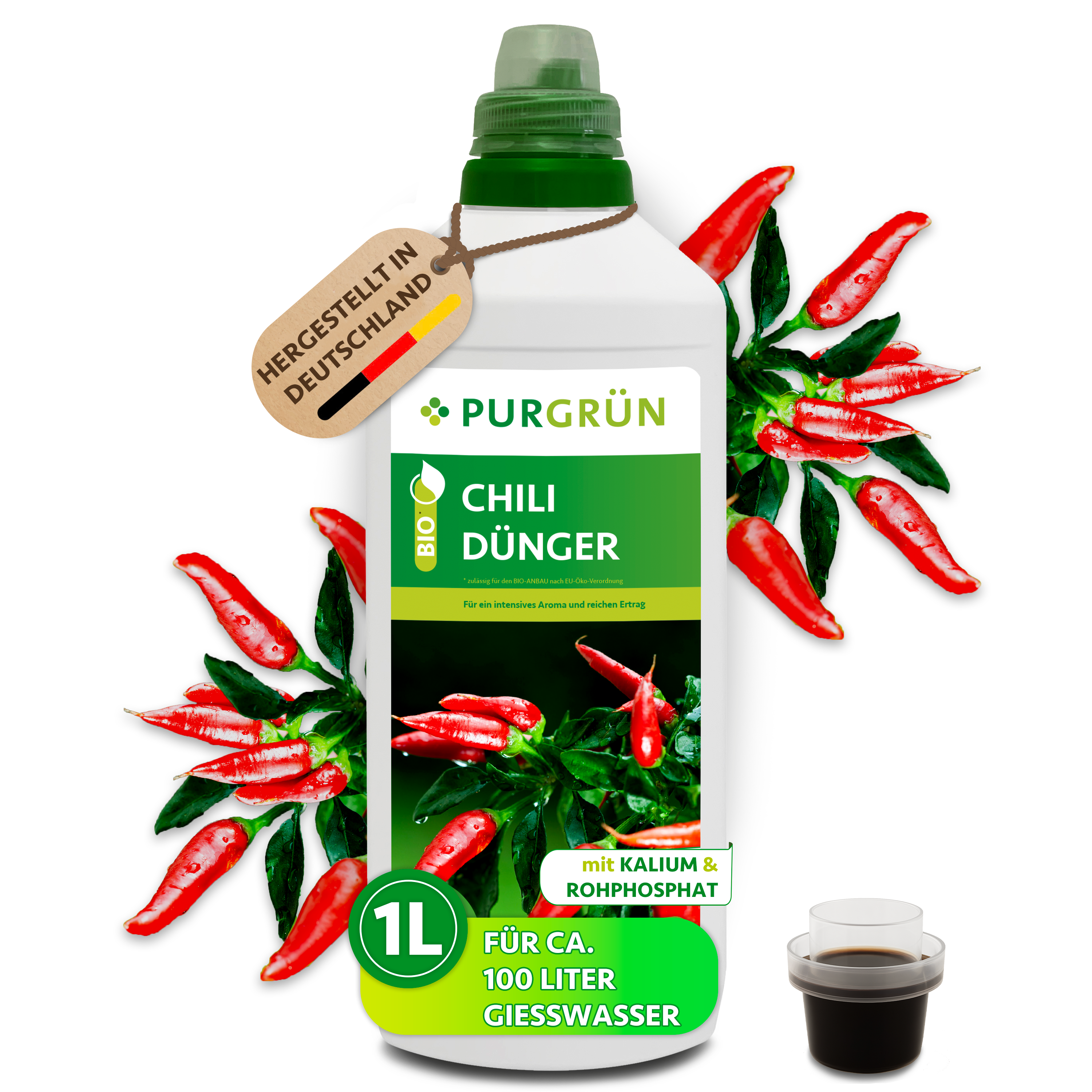 Chilidünger Bio flüssig 1 L, für 100 L Gießwasser, vegan, kaliumreich – Purgrün