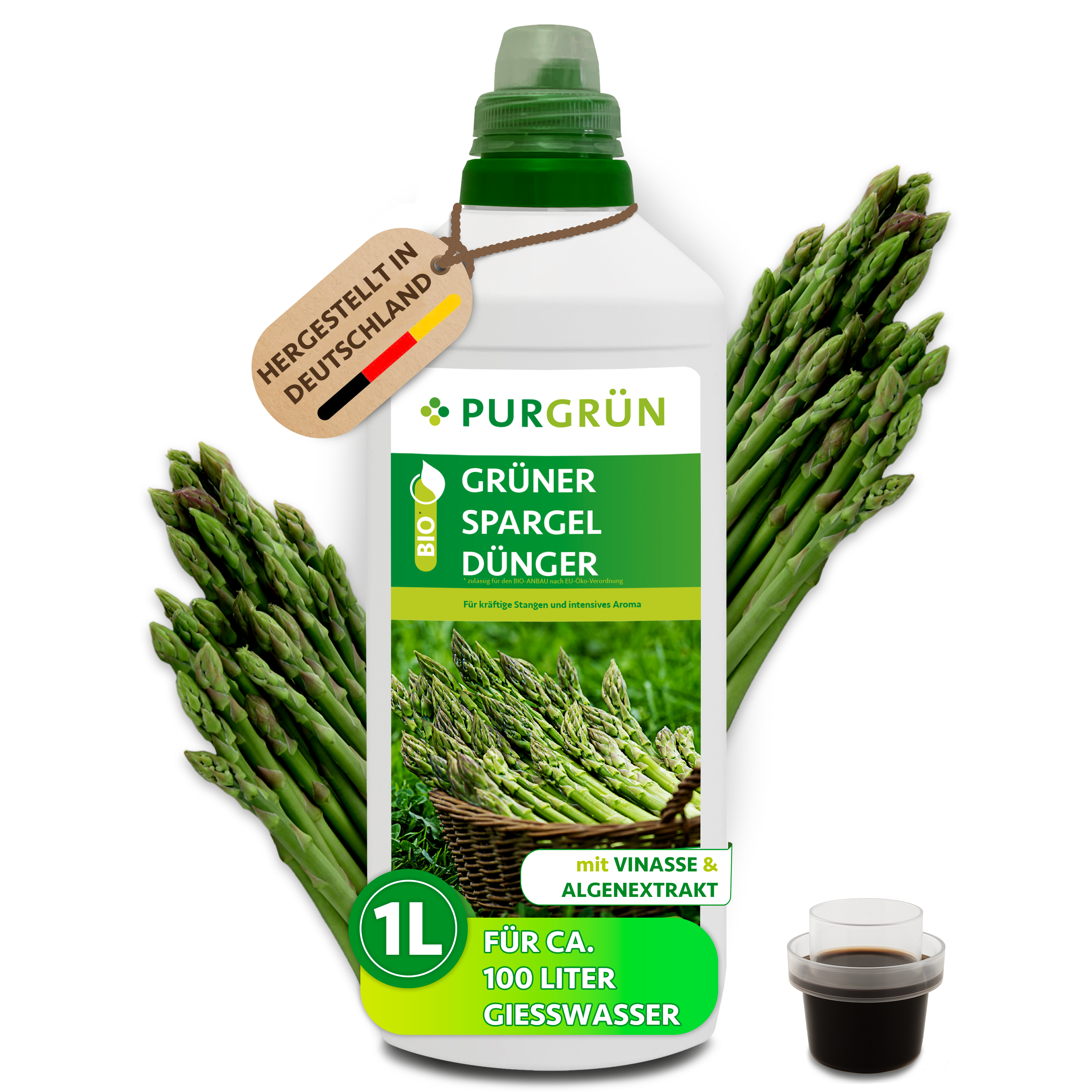Purgrün / Grüner Spargel Dünger Bio flüssig 1 L, mit Algenextrakt & Vinasse, für kräftige Spargelstangen