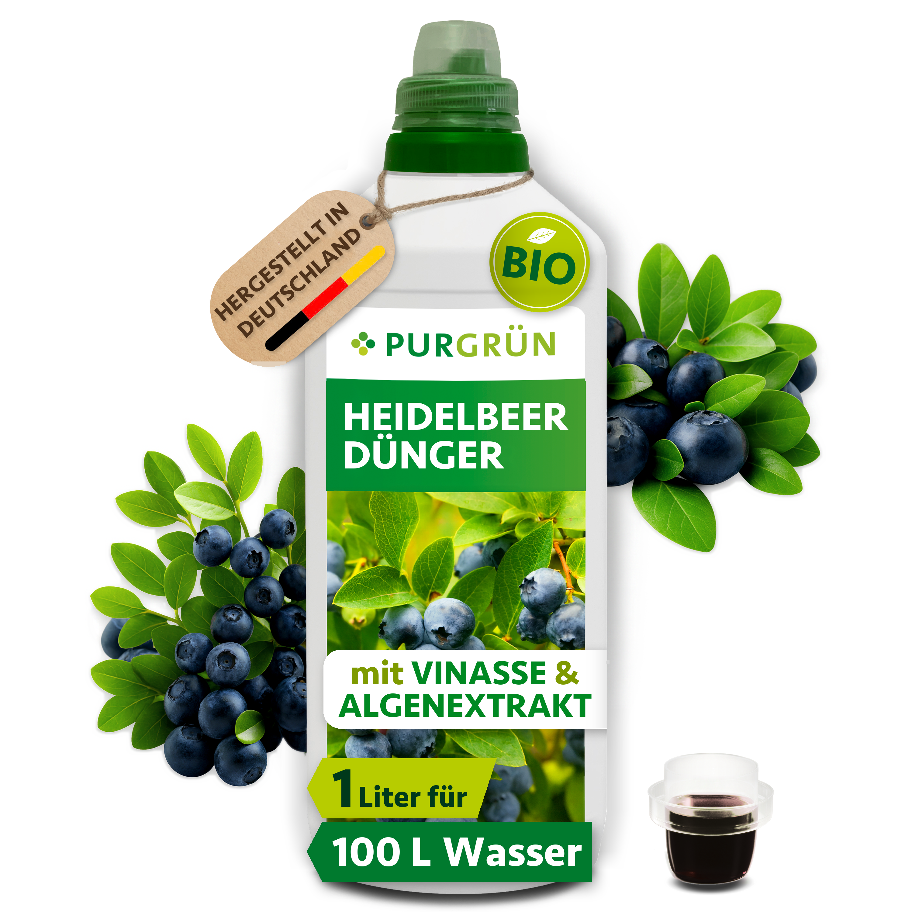 Heidelbeerdünger Bio flüssig 1 L, mit Algenextrakt & Vinasse, kaliumreich – Purgrün