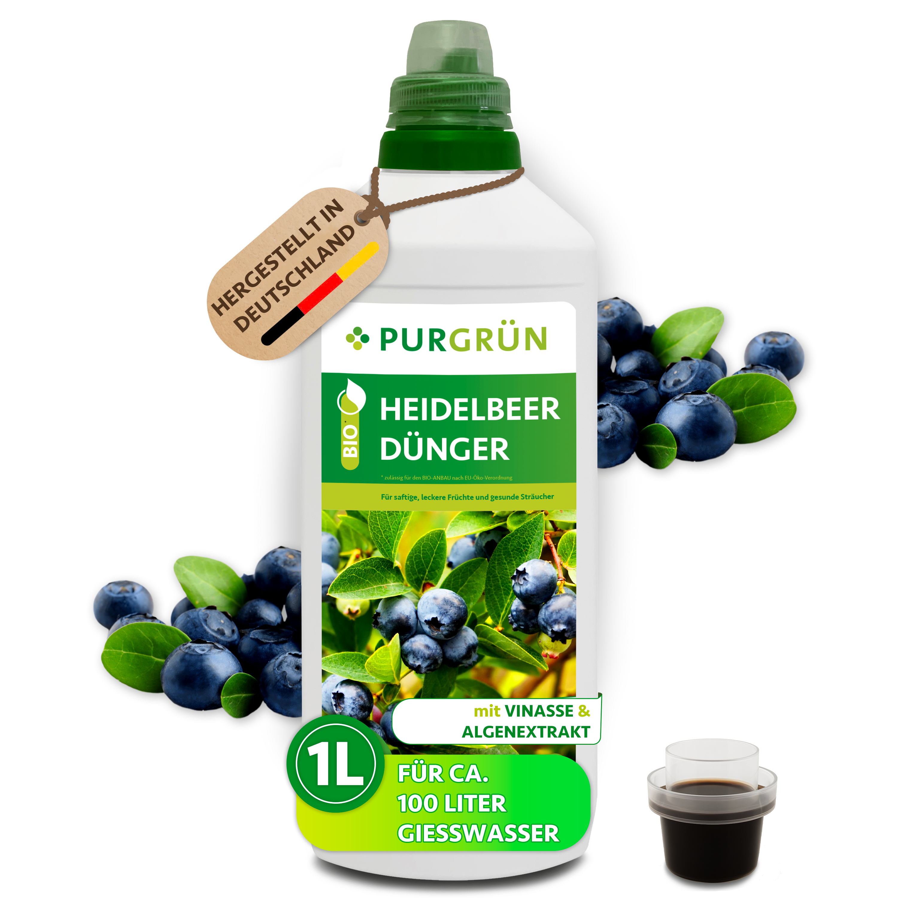 Heidelbeerdünger Bio flüssig 1 L, mit Algenextrakt & Vinasse, kaliumreich – Purgrün