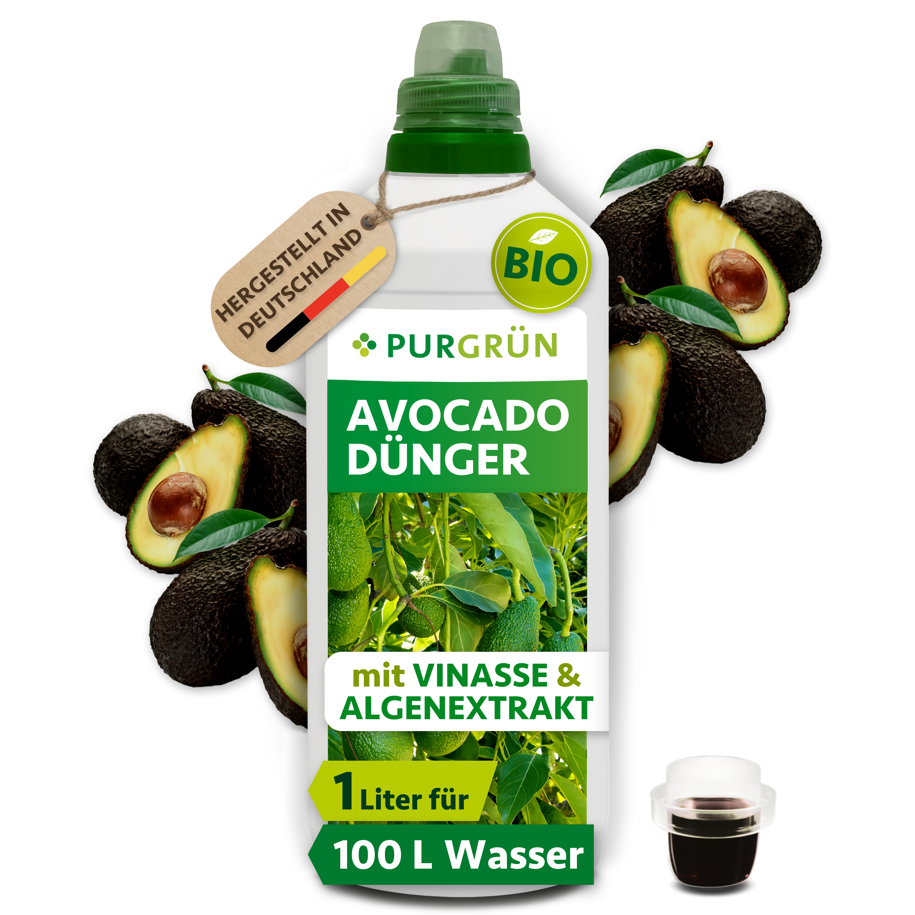 Purgrün | Avocado Dünger Bio flüssig 1 L für 100 L Gießwasser, mit Algenextrakt & Vinasse