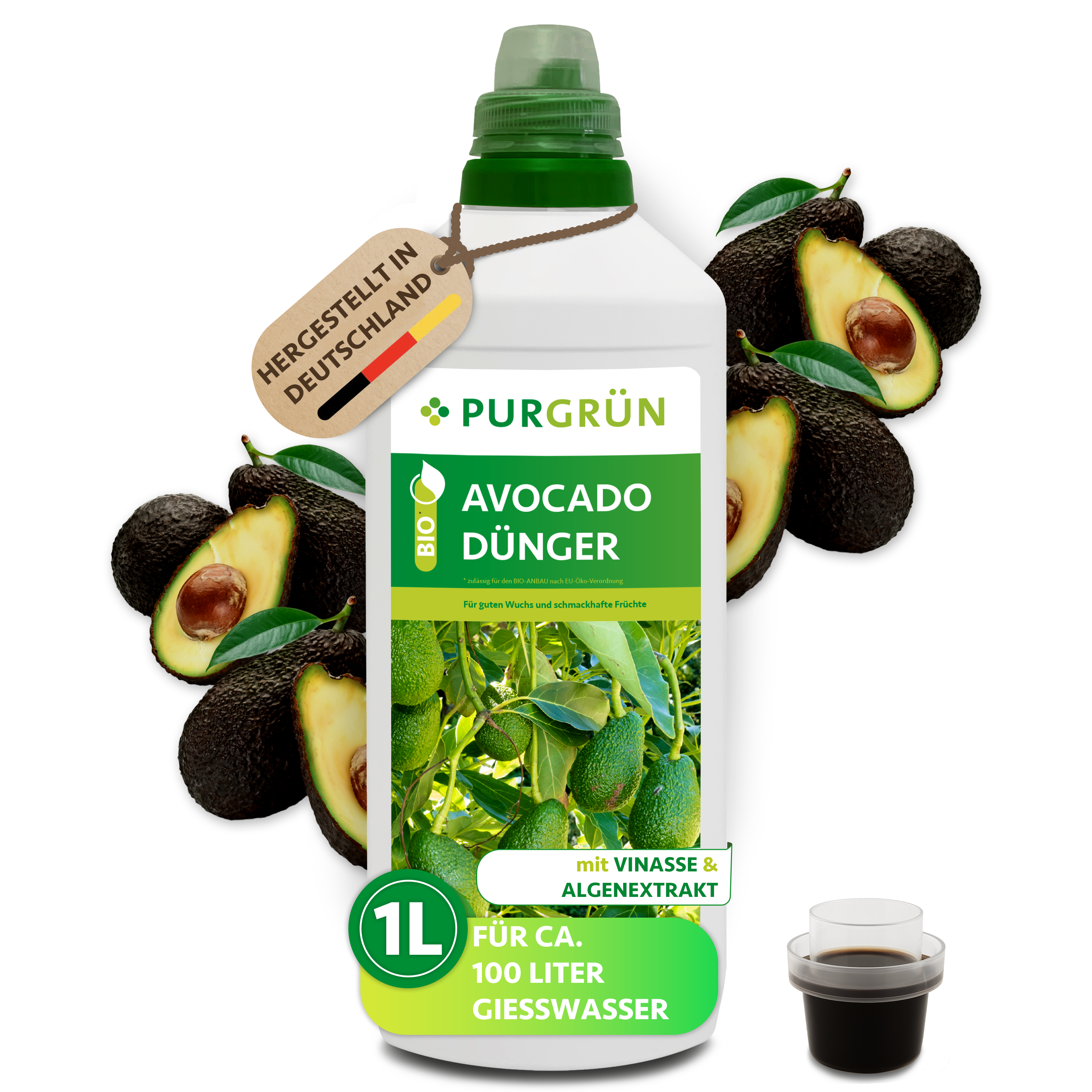 Purgrün / Avocado Dünger Bio flüssig 1 L für 100 L Gießwasser, mit Algenextrakt & Vinasse
