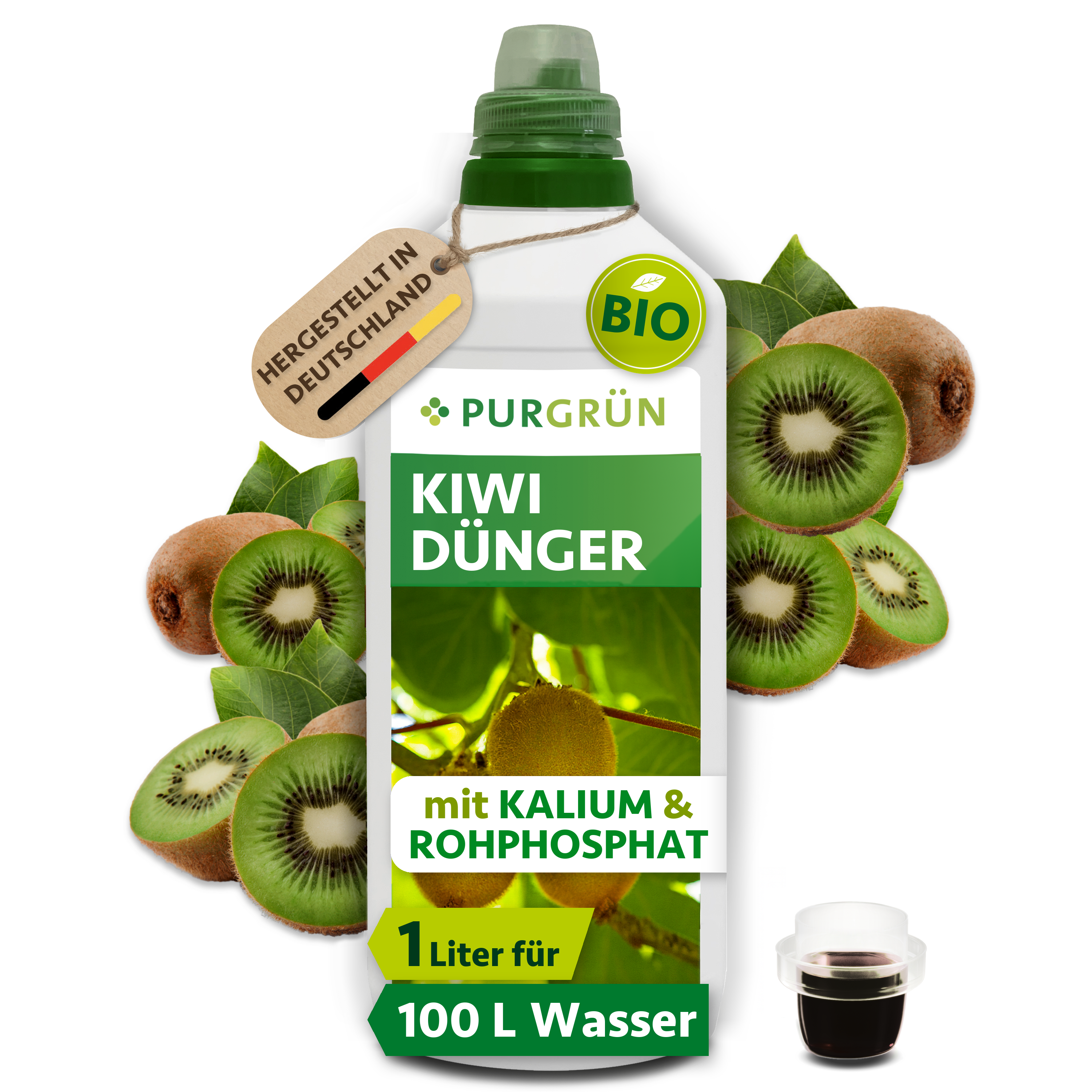 Kiwi Dünger Bio flüssig 1 L für 100 L Gießwasser, vegan, für aromatische Kiwi-Ernten – Purgrün