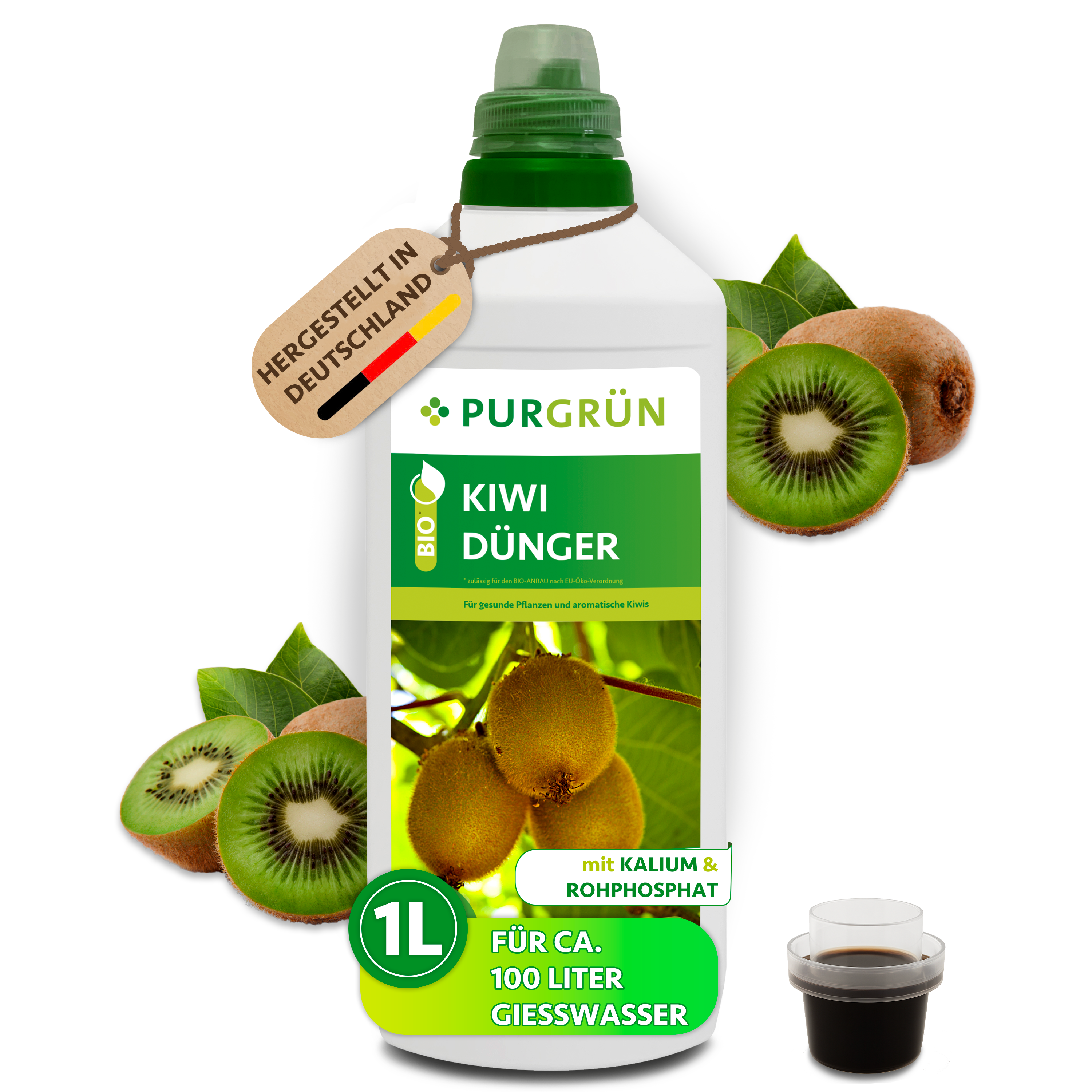 Kiwi Dünger Bio flüssig 1 L für 100 L Gießwasser, vegan, für aromatische Kiwi-Ernten – Purgrün