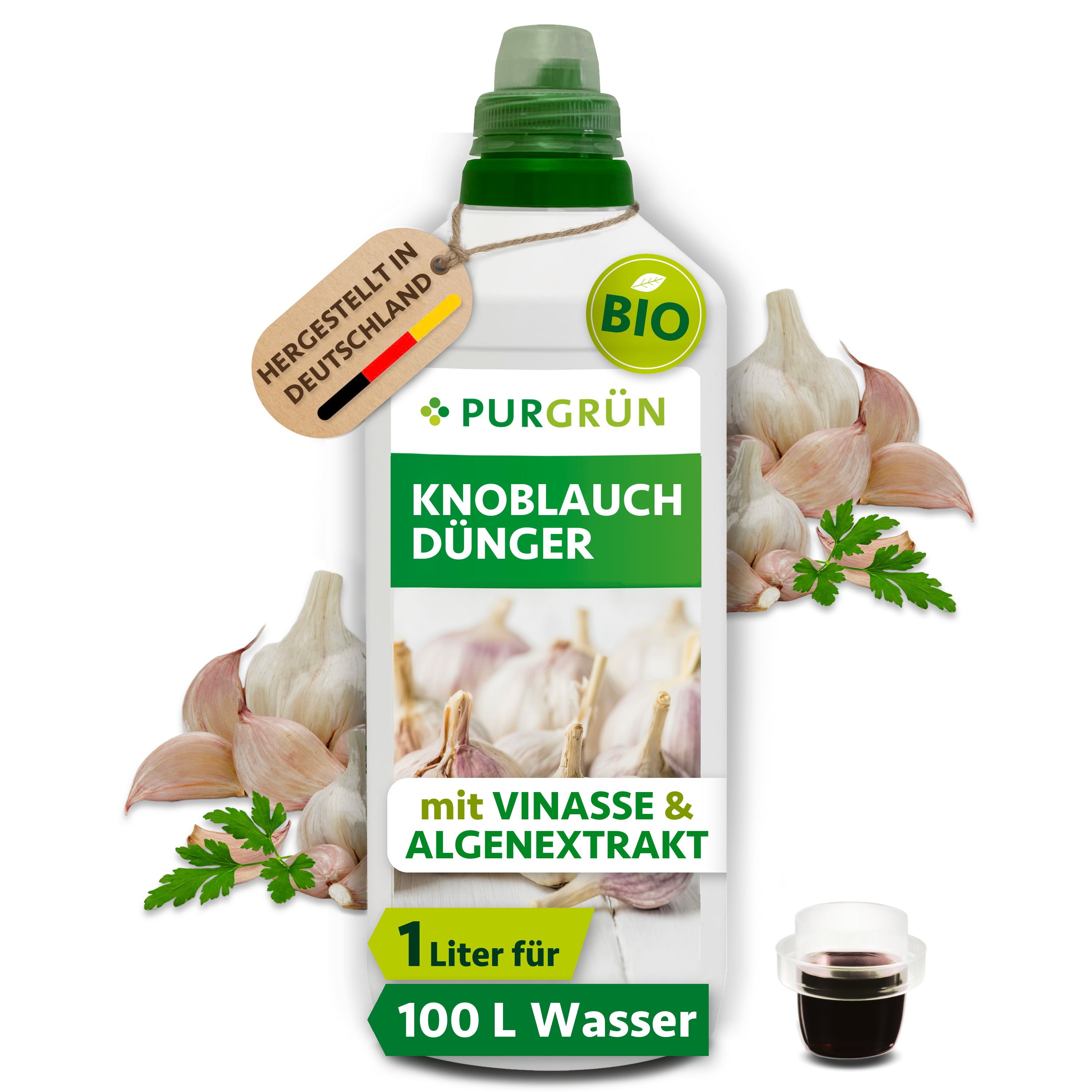 Knoblauchdünger Bio flüssig 1 L, für 100 L Gießwasser, mit Algenextrakt & Vinasse, vegan – Purgrün
