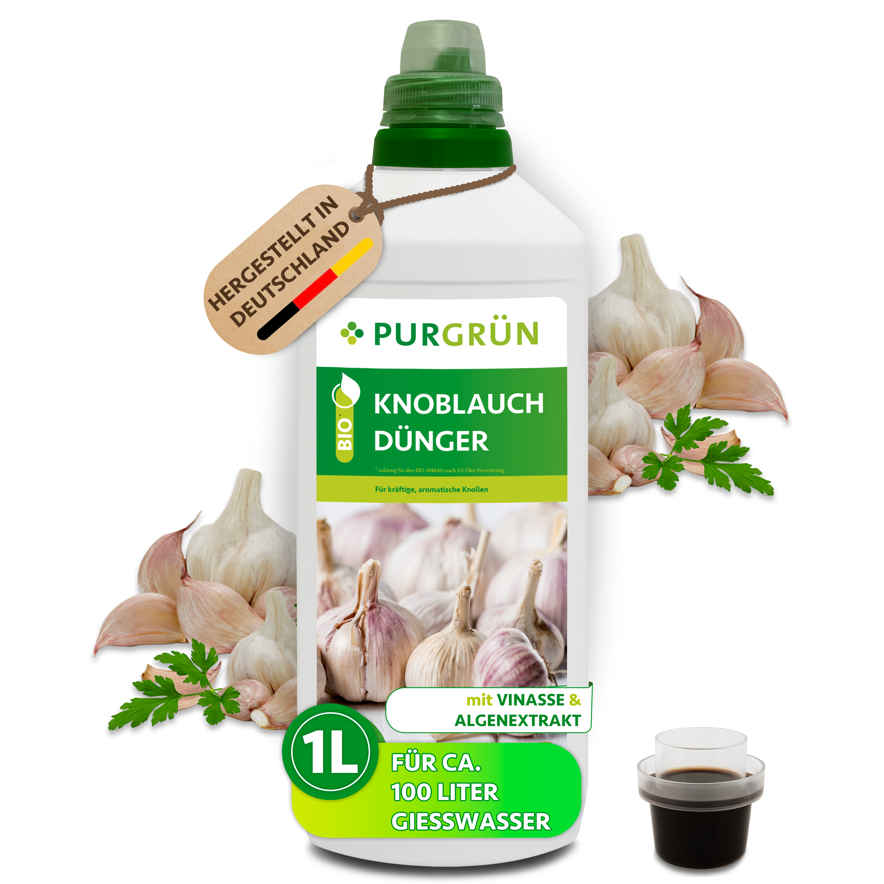 Knoblauchdünger Bio flüssig 1 L, für 100 L Gießwasser, mit Algenextrakt & Vinasse, vegan – Purgrün
