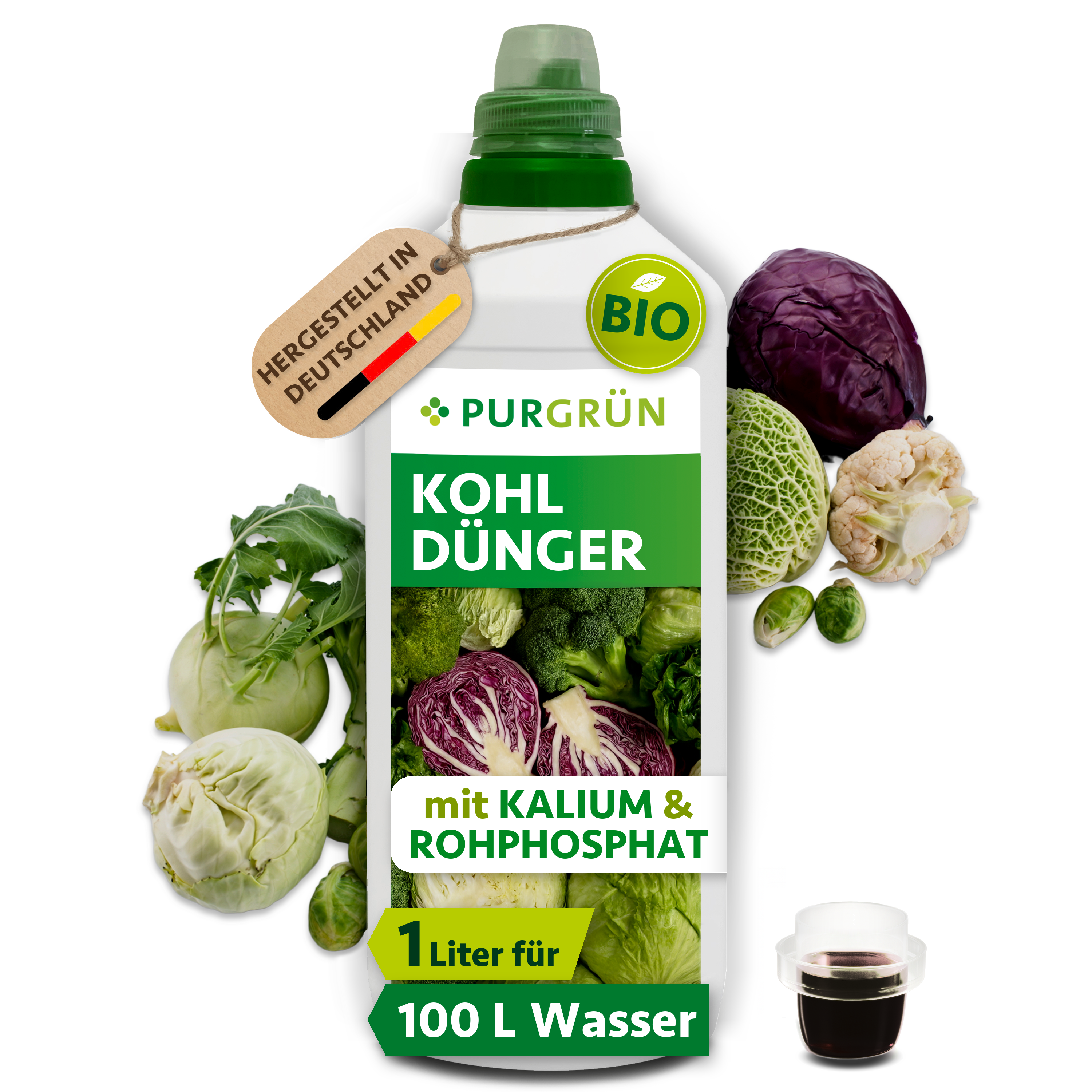 Purgrün | Kohl Dünger Bio flüssig 1 L, vegan, für dichte aromatische Kohlblätter