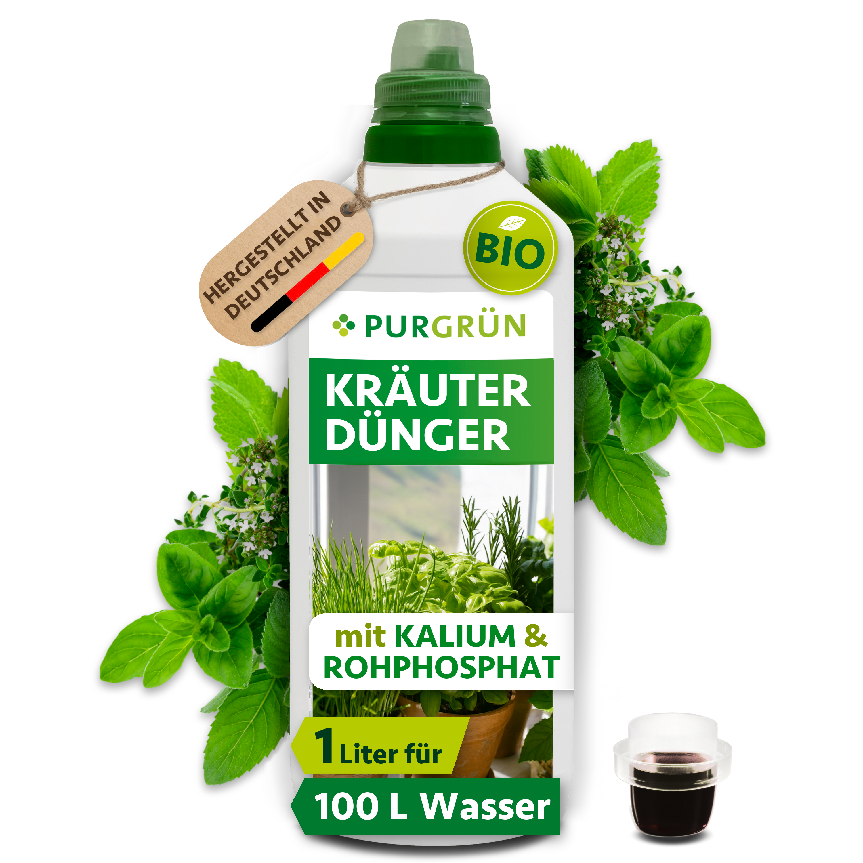 Kräuterdünger Bio flüssig 1 L für 100 L Gießwasser, vegan, für aromatische Kräuter – Purgrün