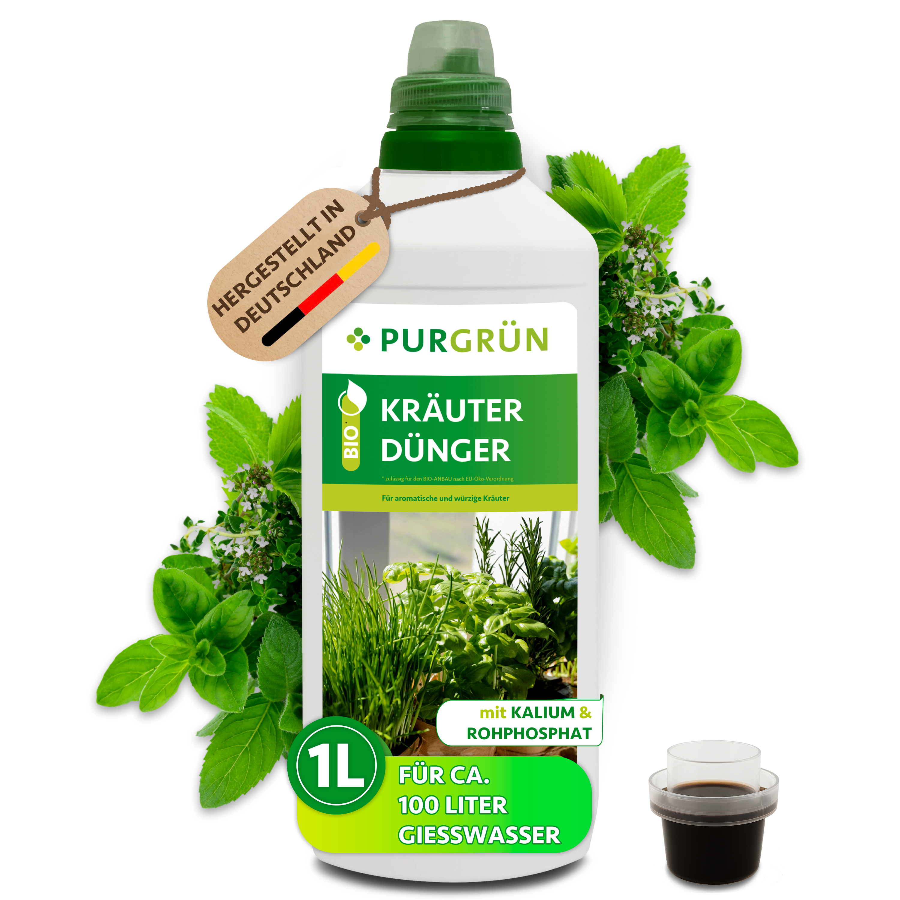 Kräuterdünger Bio flüssig 1 L für 100 L Gießwasser, vegan, für aromatische Kräuter – Purgrün