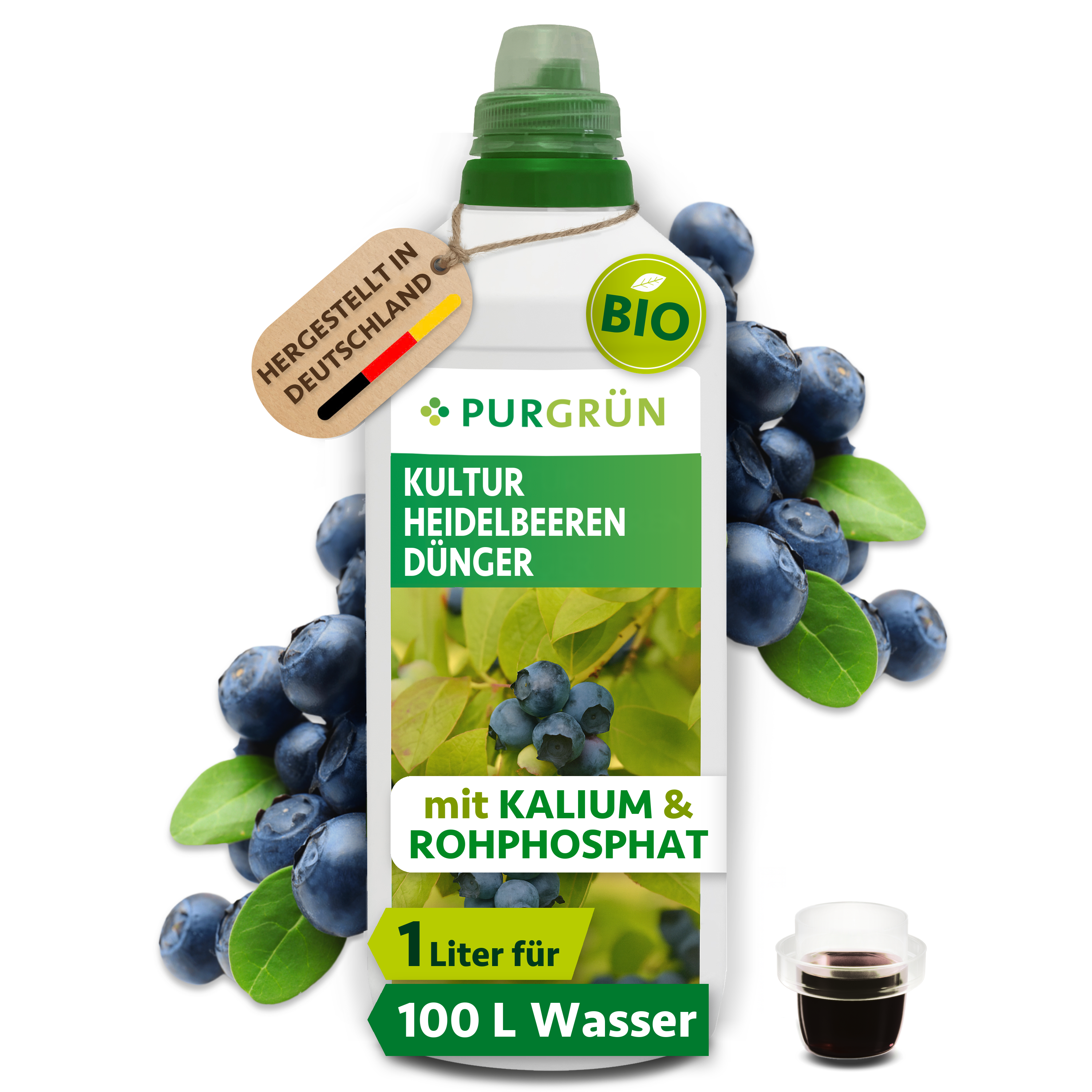 Kulturheidelbeeren Dünger Bio flüssig 1 L, ergiebig für 100 L, vegan, kaliumreich – Purgrün