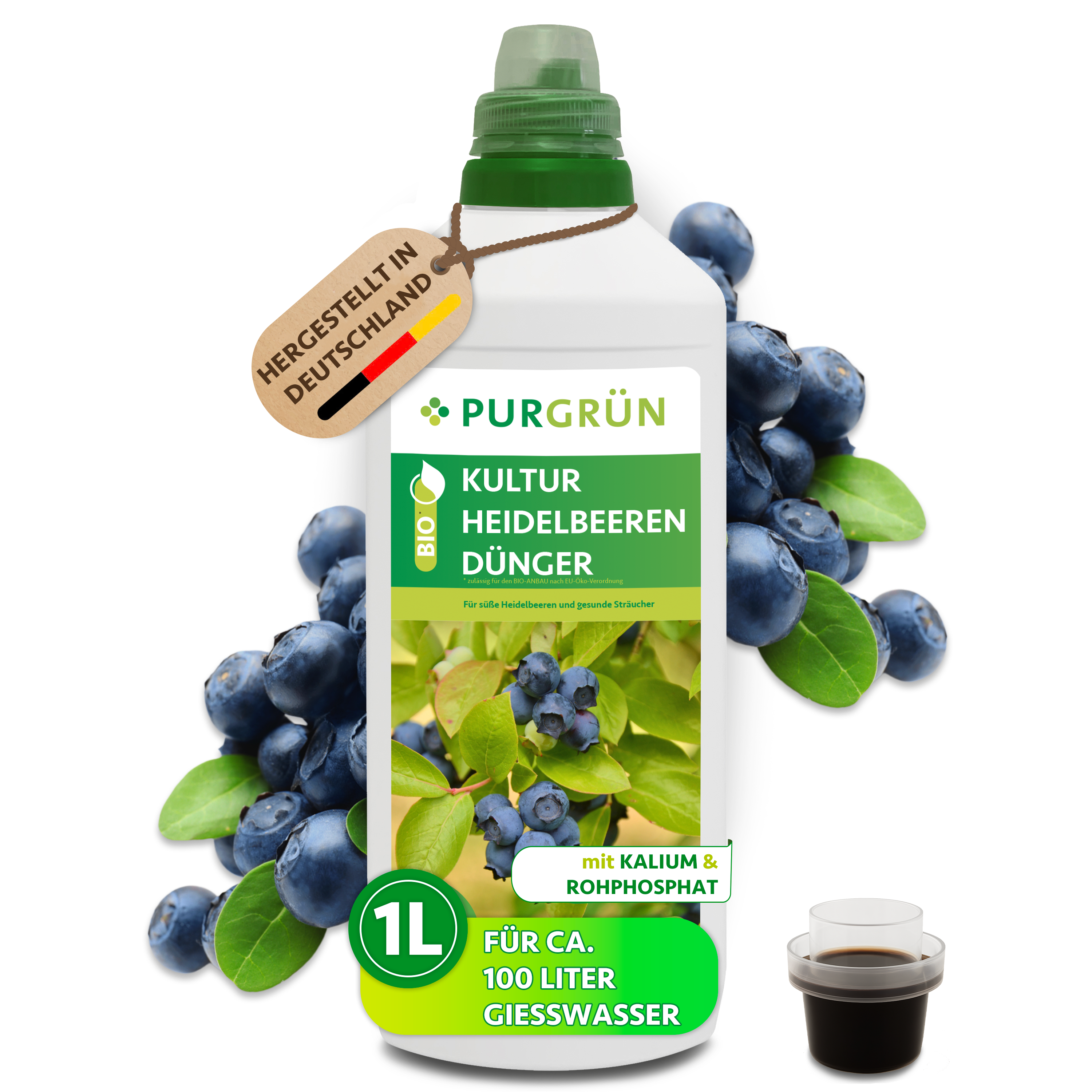Kulturheidelbeeren Dünger Bio flüssig 1 L, ergiebig für 100 L, vegan, kaliumreich – Purgrün