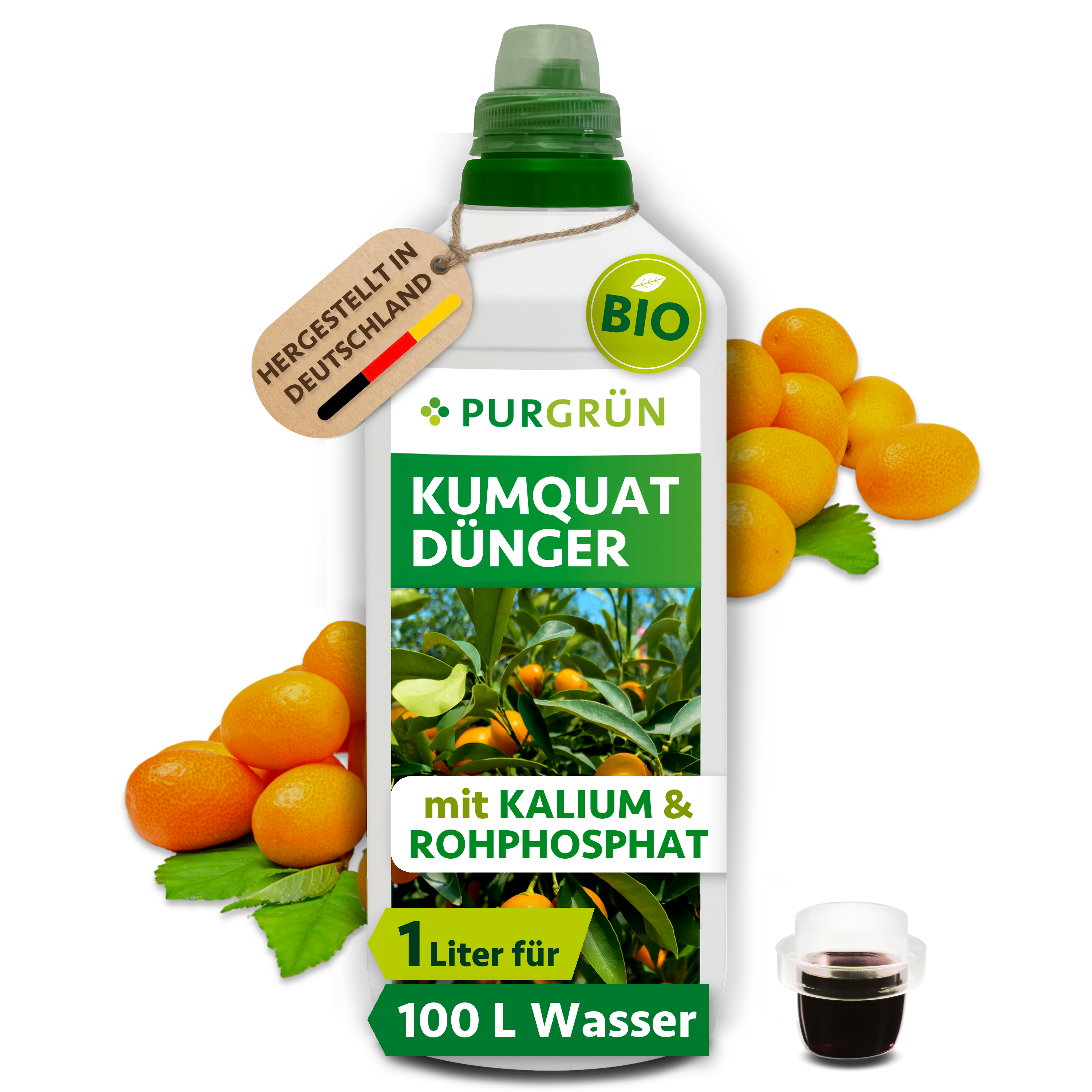 Purgrün | Kumquat Dünger Bio flüssig 1 L, vegan, für süße Früchte & kräftiges Wachstum