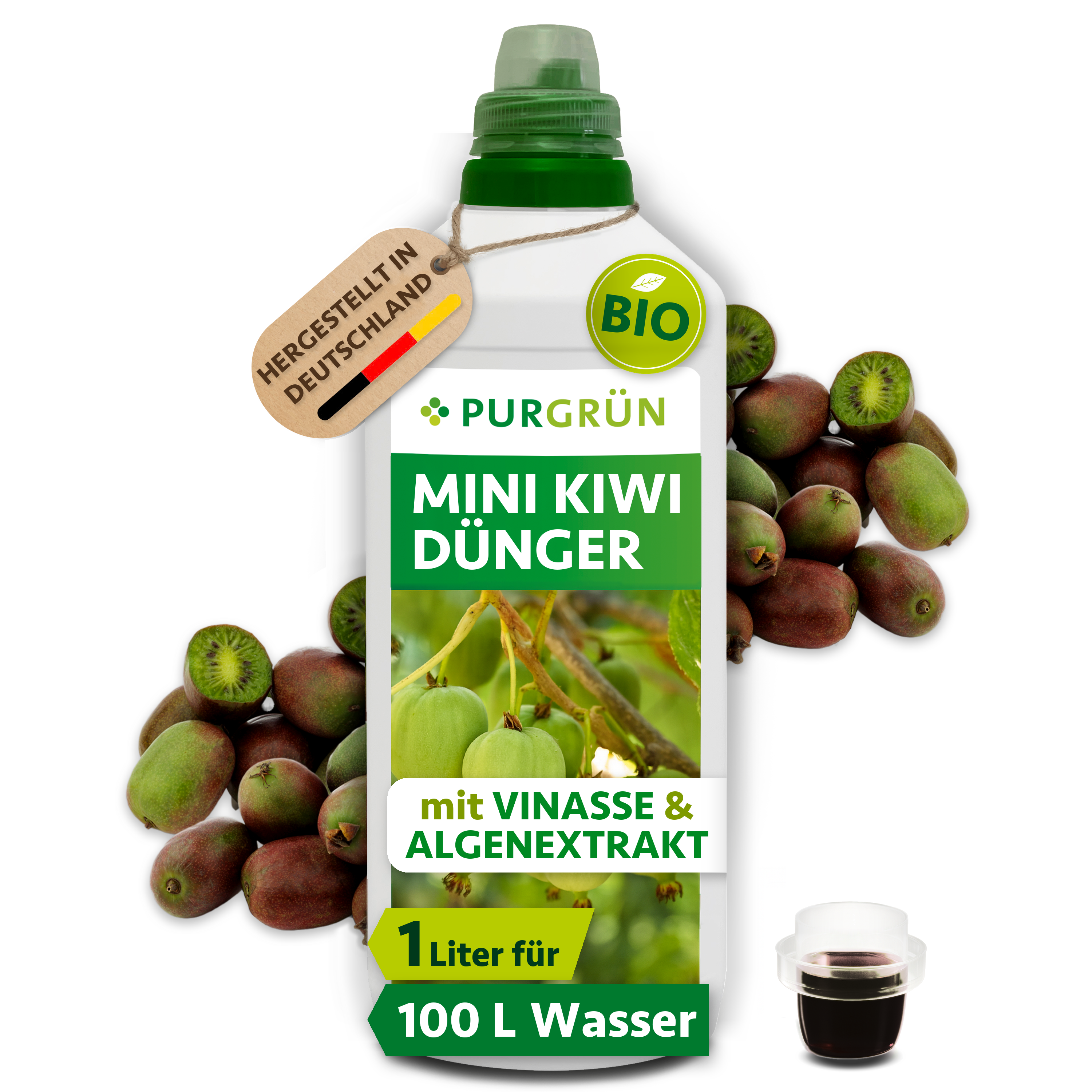 Purgrün | Mini-Kiwi Dünger Bio flüssig 1 L, mit Algenextrakt & Vinasse, für süße Mini-Kiwis
