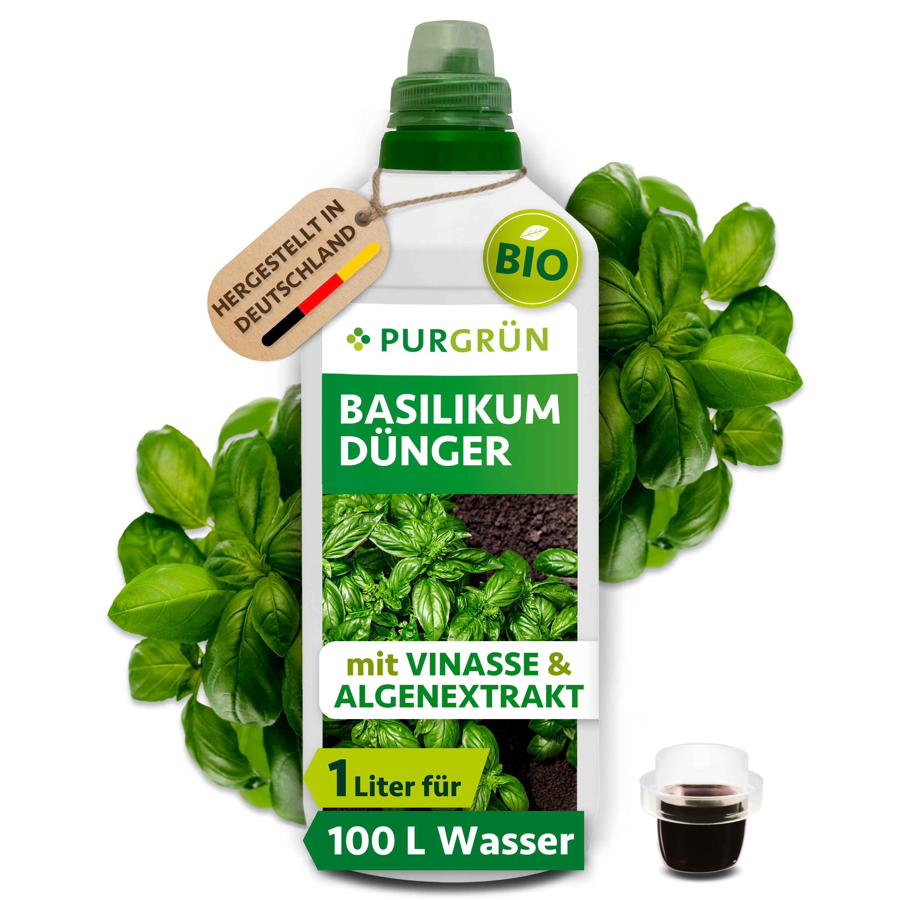 Basilikum Dünger Bio flüssig 1 L, für 100 L Gießwasser, organisch, mit Algenextrakt & Vinasse – Purgrün