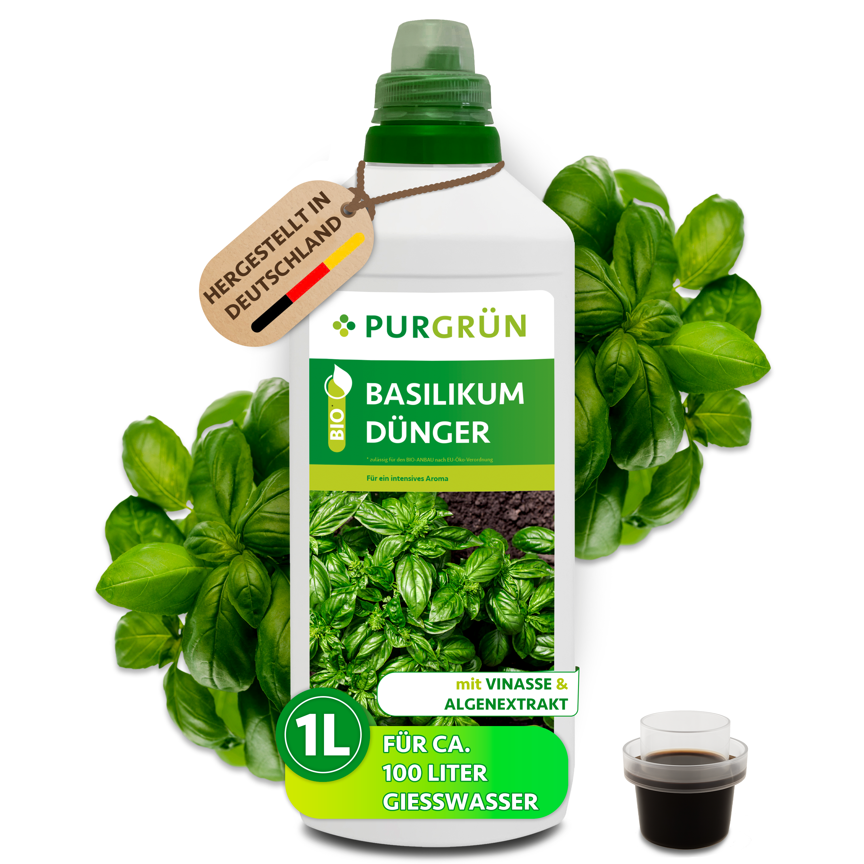 Basilikum Dünger Bio flüssig 1 L, für 100 L Gießwasser, organisch, mit Algenextrakt & Vinasse – Purgrün