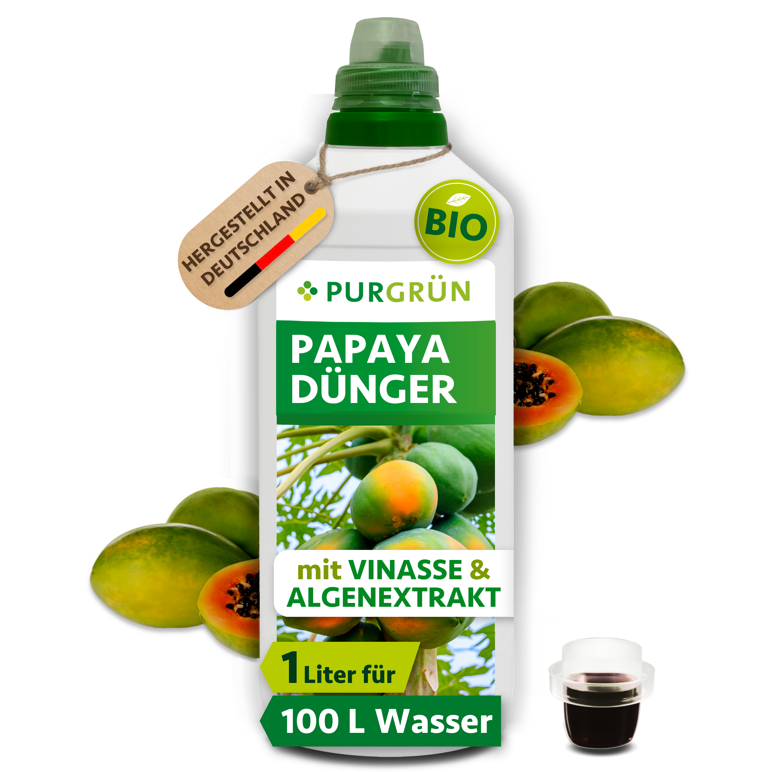 Papaya Dünger Bio flüssig 1 L, mit Algenextrakt & Vinasse, vegan – Purgrün