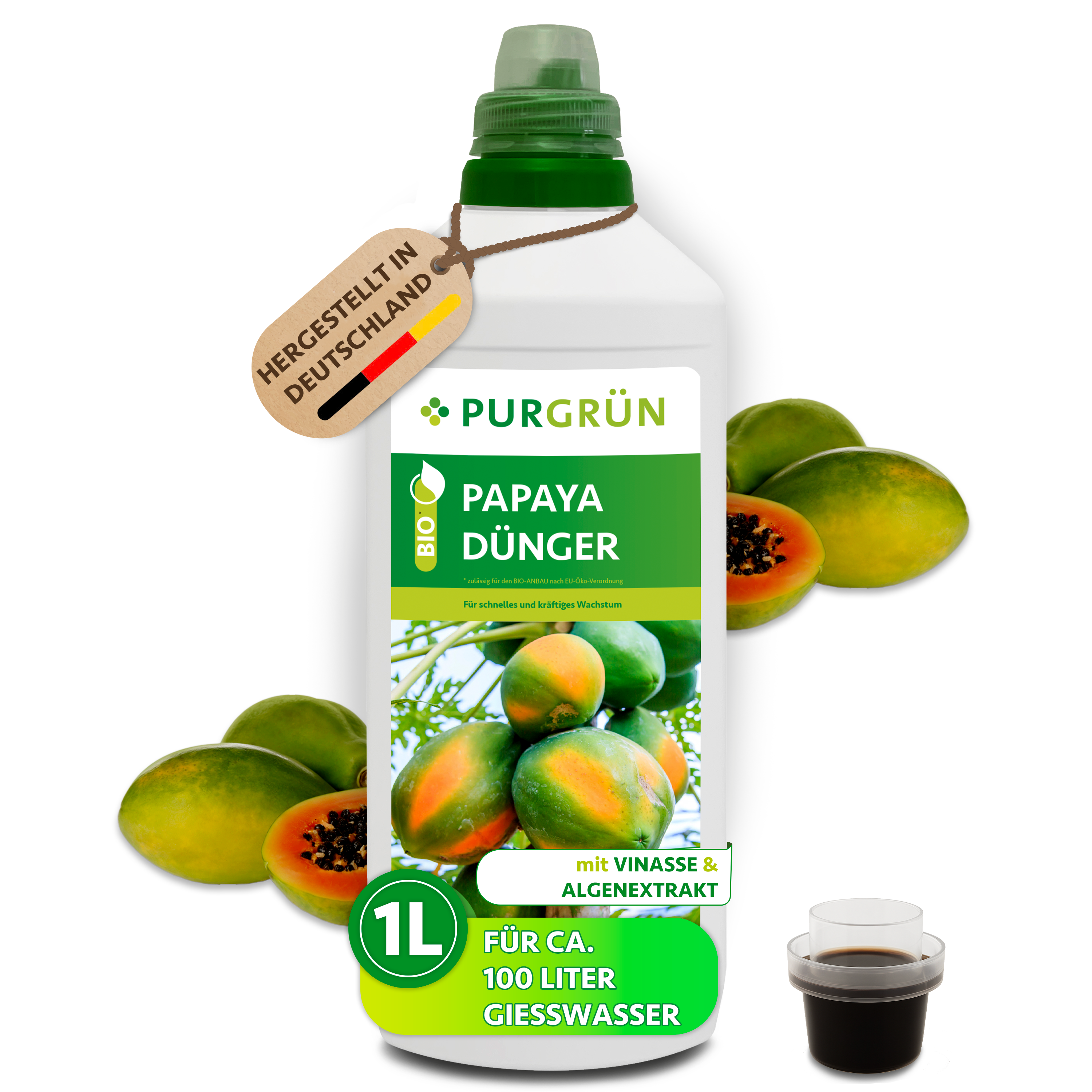 Papaya Dünger Bio flüssig 1 L, mit Algenextrakt & Vinasse, vegan – Purgrün
