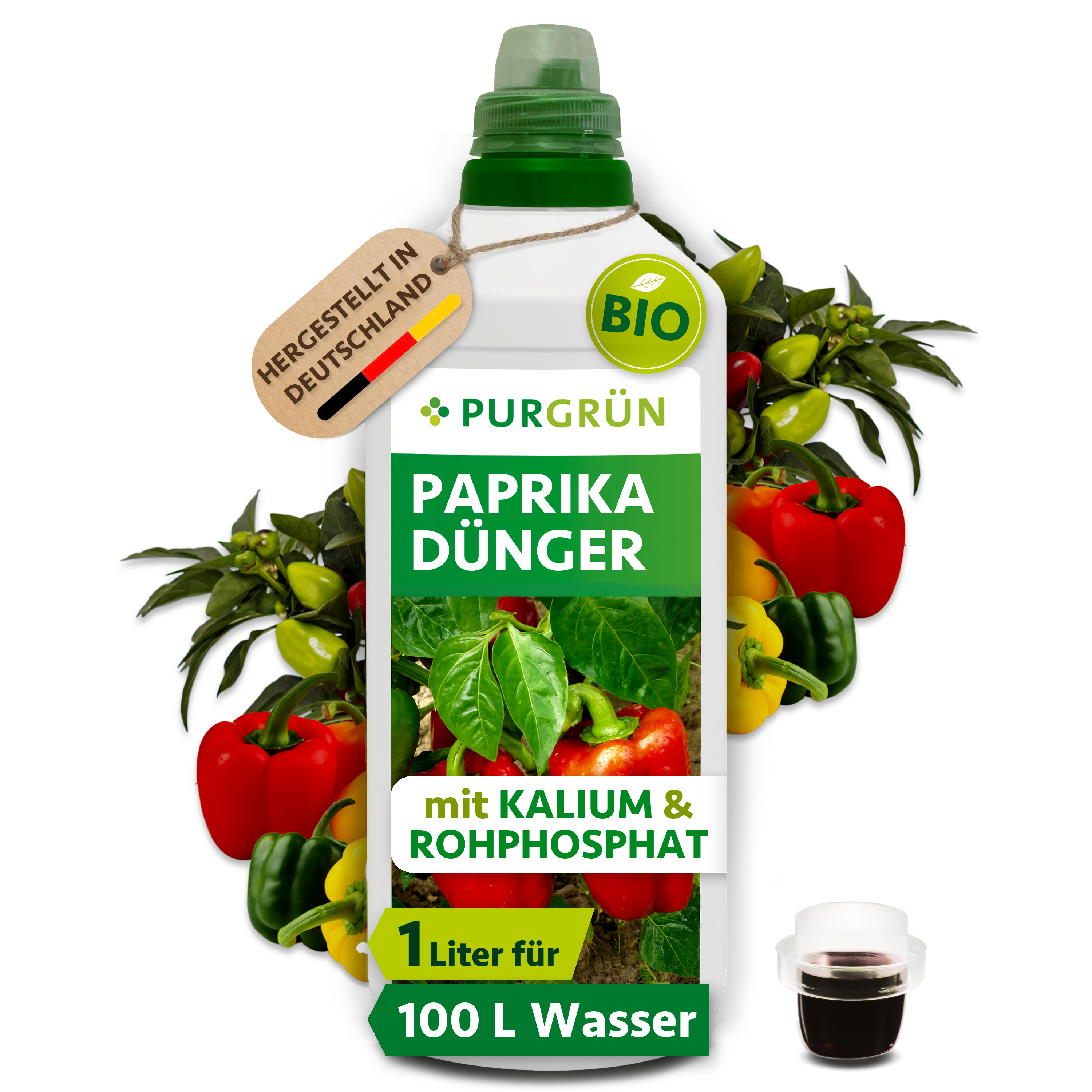 Paprika Dünger Bio flüssig 1 L für 100 L Gießwasser, vegan, für aromatische Paprika – Purgrün