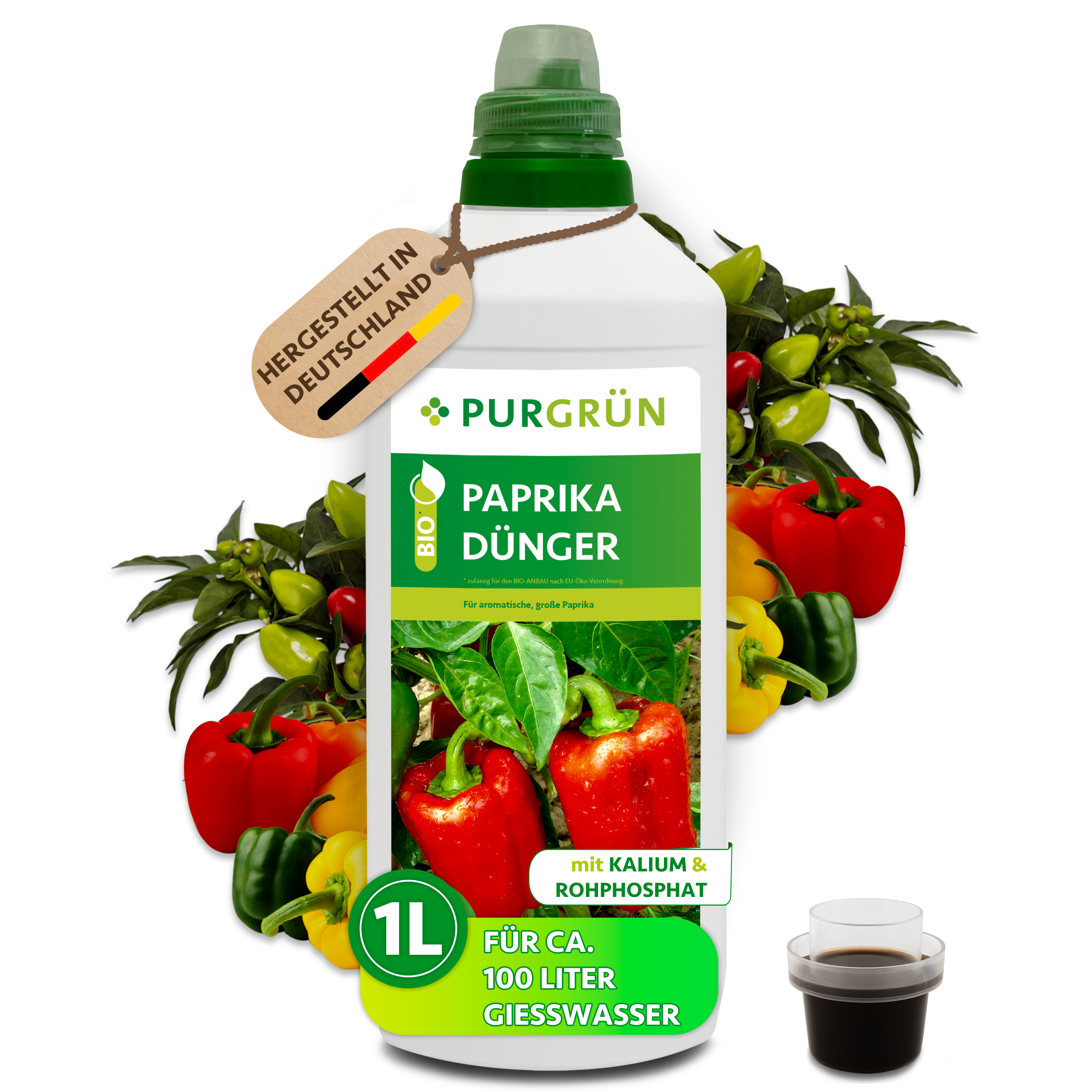 Paprika Dünger Bio flüssig 1 L für 100 L Gießwasser, vegan, für aromatische Paprika – Purgrün