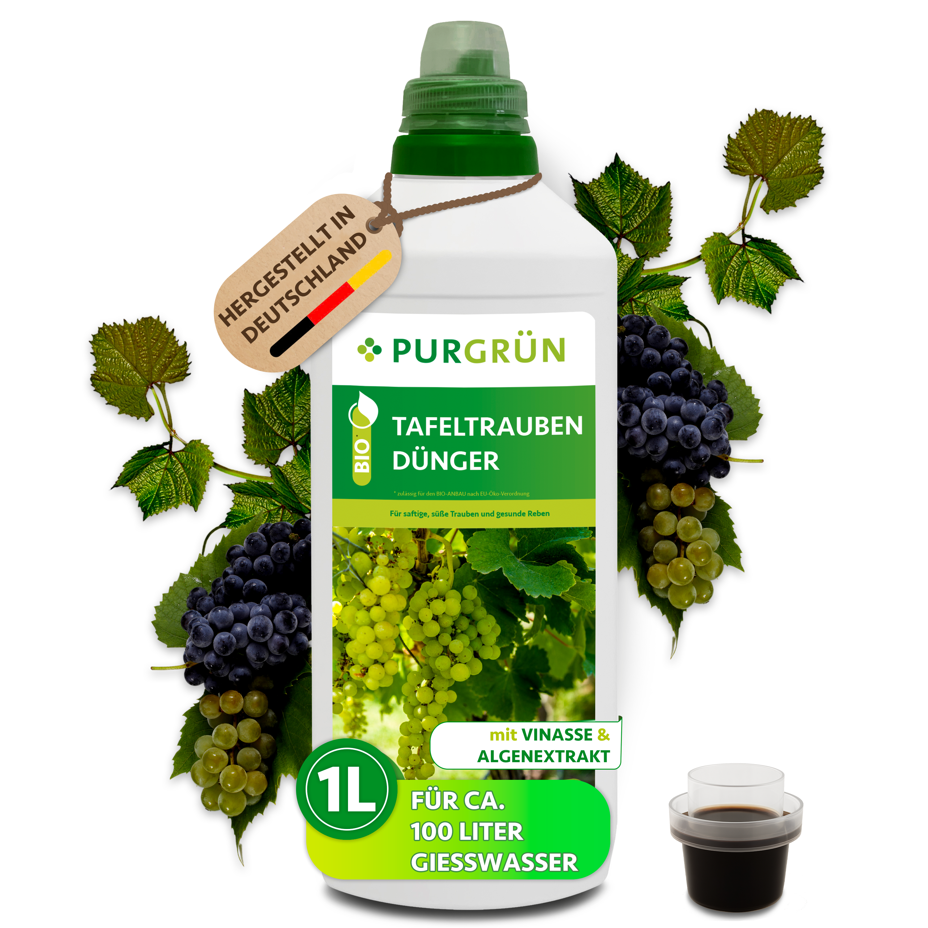 Tafeltrauben Dünger Bio flüssig 1 L, mit Algenextrakt & Vinasse, für süße saftige Trauben – Purgrün
