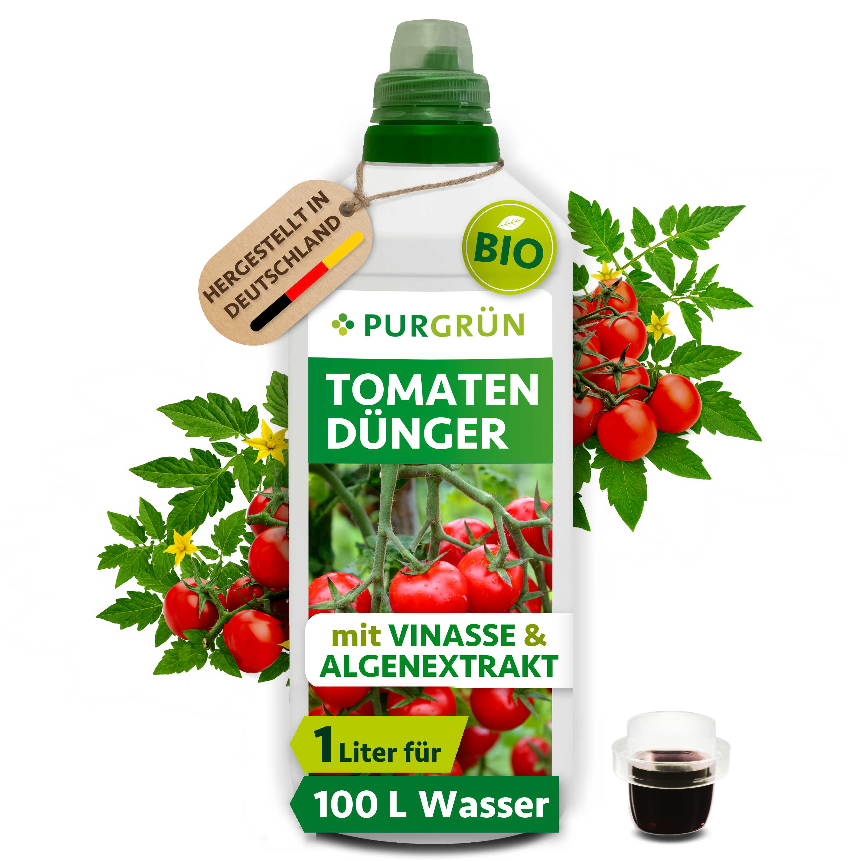 Tomatendünger Bio flüssig 1 L für 100 L Gießwasser, mit Algenextrakt & Vinasse, für aromatische Tomaten – Purgrün