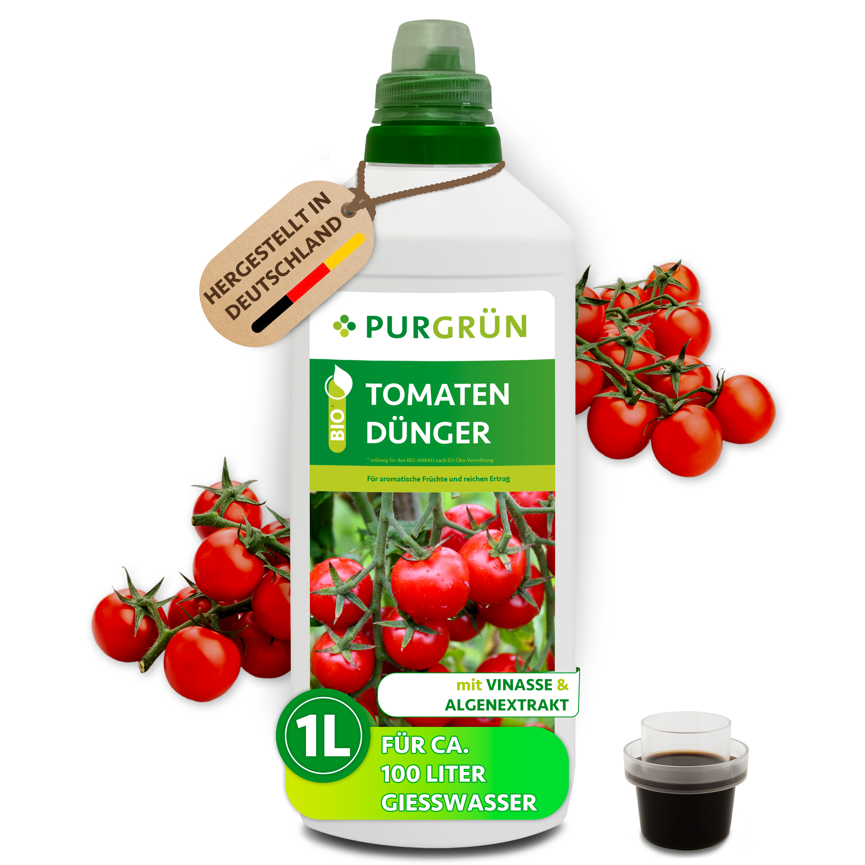 Tomatendünger Bio flüssig 1 L für 100 L Gießwasser, mit Algenextrakt & Vinasse, für aromatische Tomaten – Purgrün