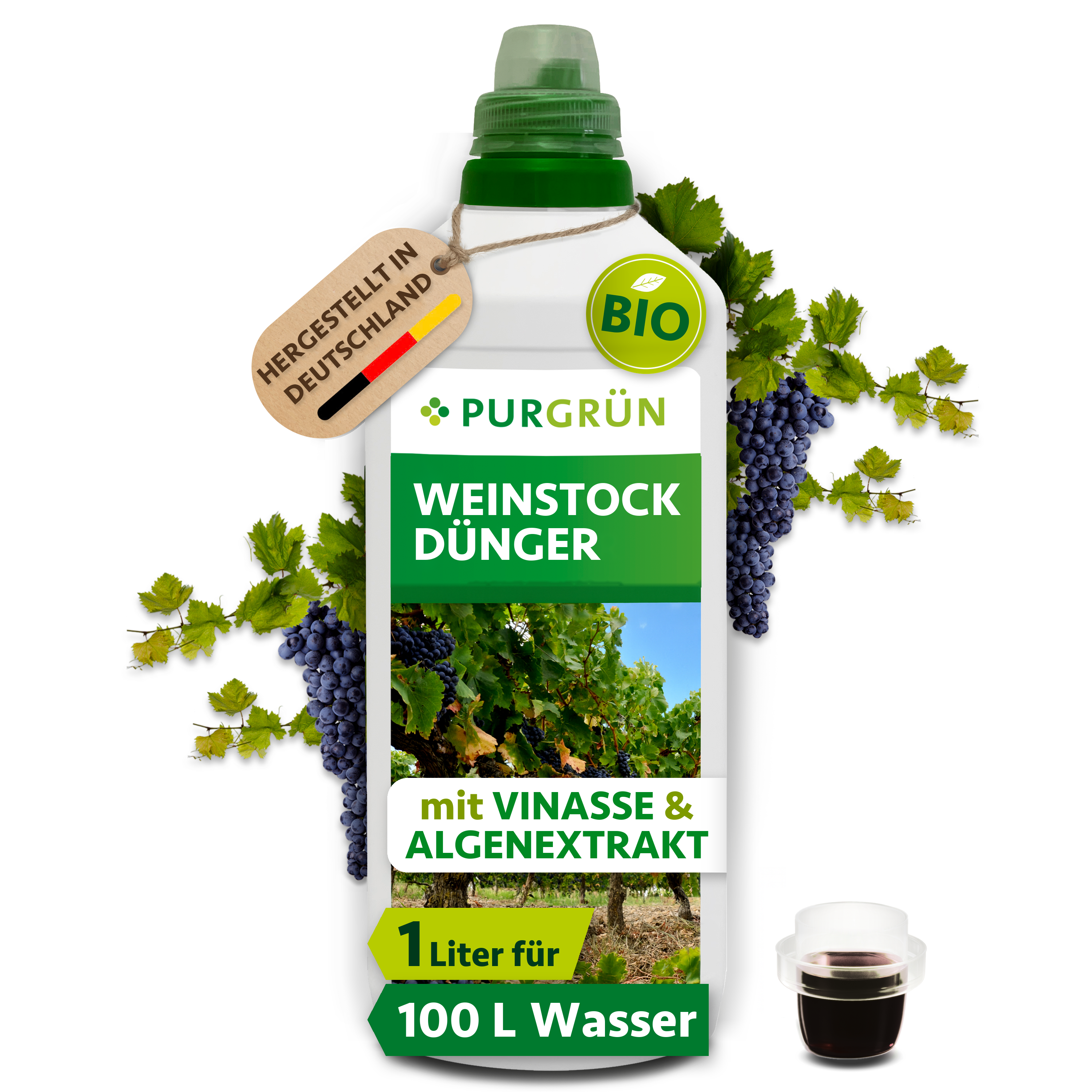 Weinstock Dünger Bio flüssig 1 L, mit Algenextrakt & Vinasse, für aromatische Trauben – Purgrün