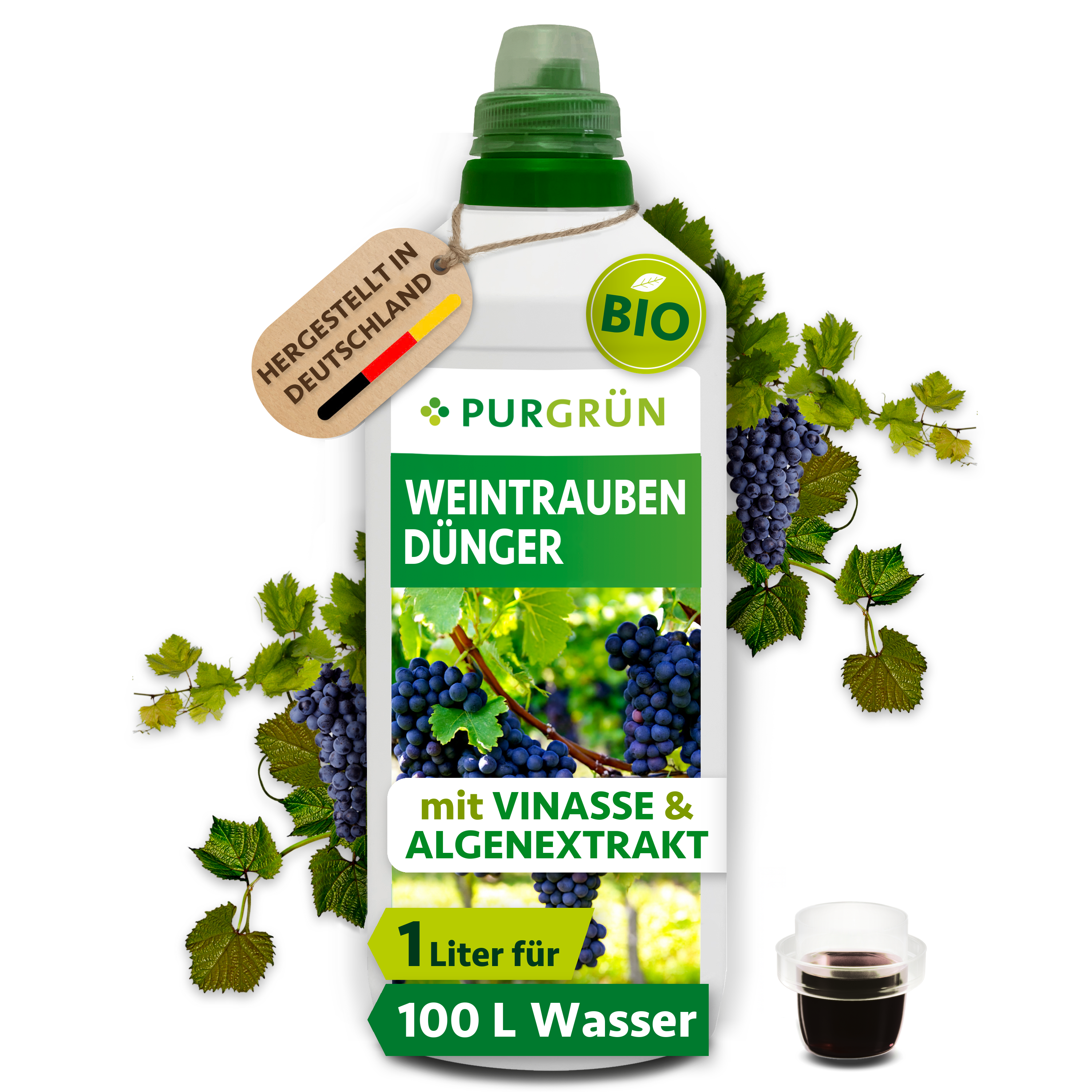 Purgrün | Weintrauben Dünger Bio flüssig 1 L für 100 L Gießwasser, mit Algenextrakt & Vinasse
