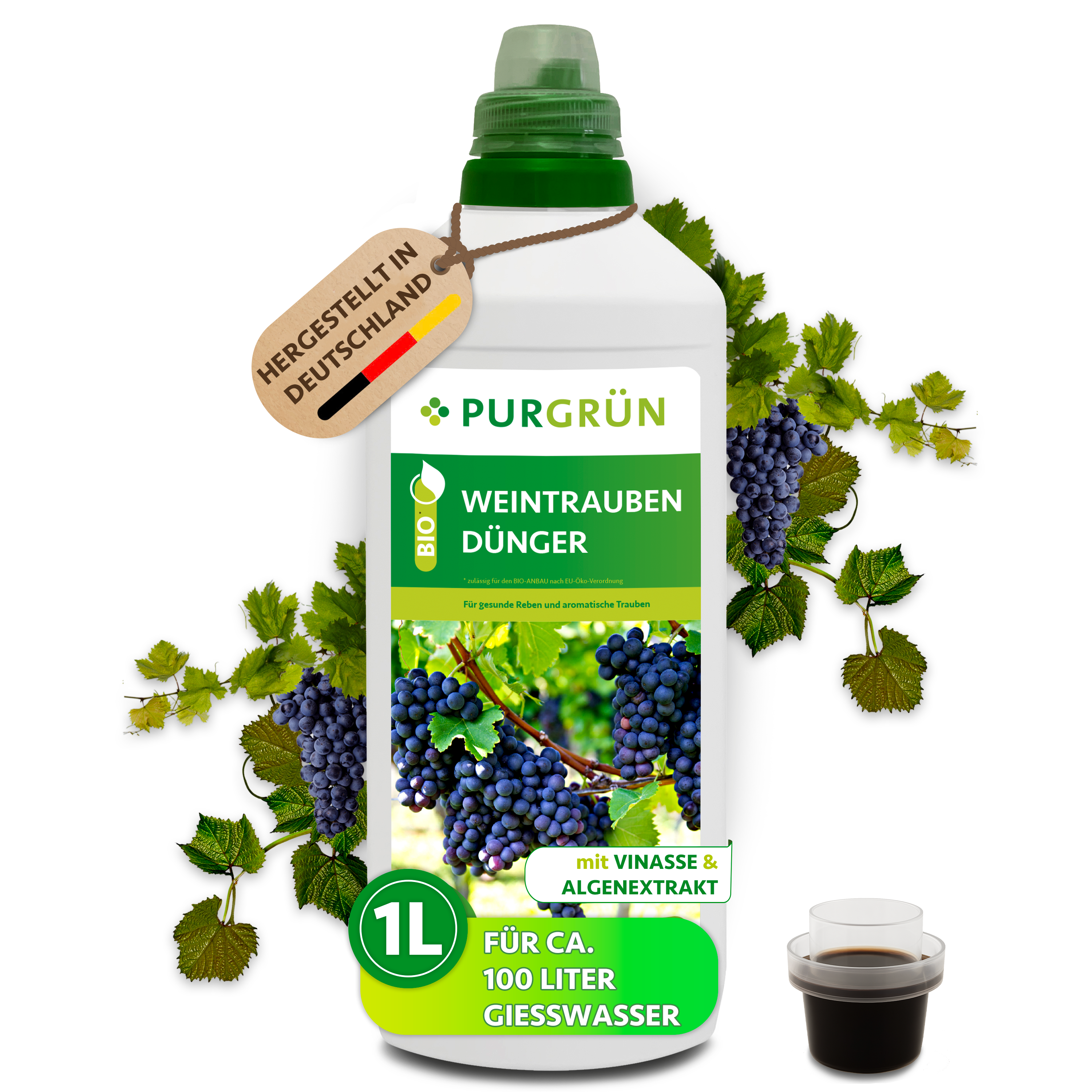 Purgrün / Weintrauben Dünger Bio flüssig 1 L für 100 L Gießwasser, mit Algenextrakt & Vinasse