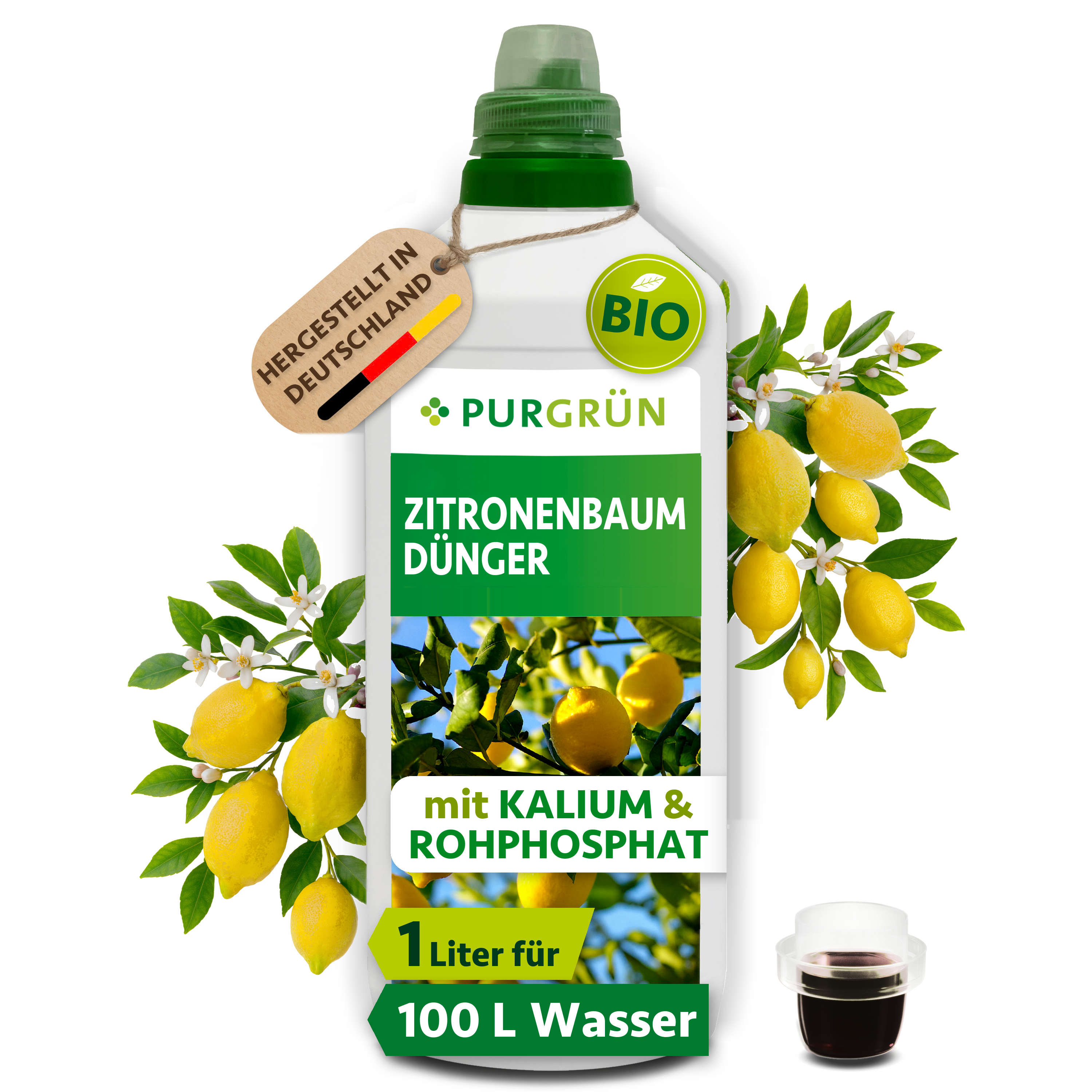 Zitronenbaum Dünger Bio flüssig 1 L für 100 L Gießwasser, vegan, für saftige Zitronen – Purgrün