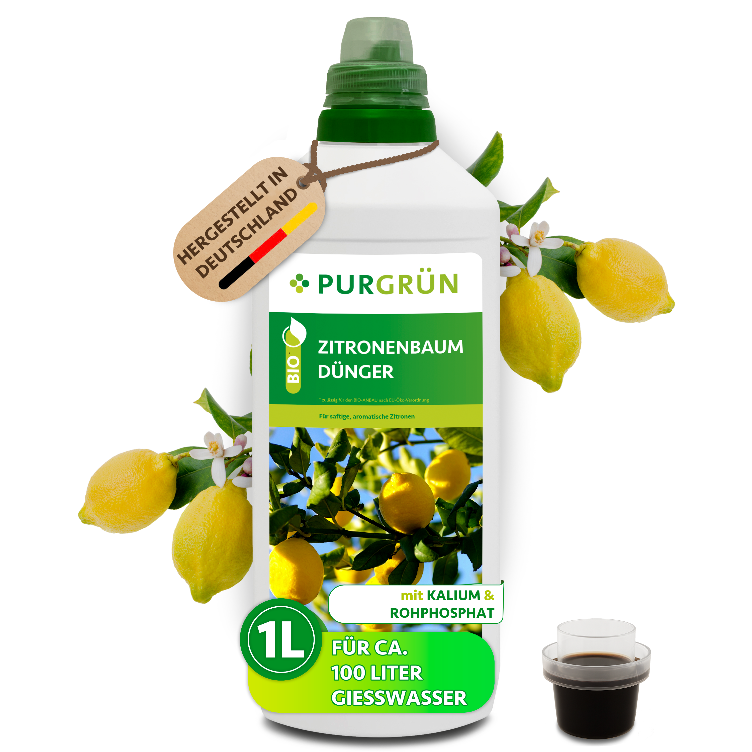 Zitronenbaum Dünger Bio flüssig 1 L für 100 L Gießwasser, vegan, für saftige Zitronen – Purgrün