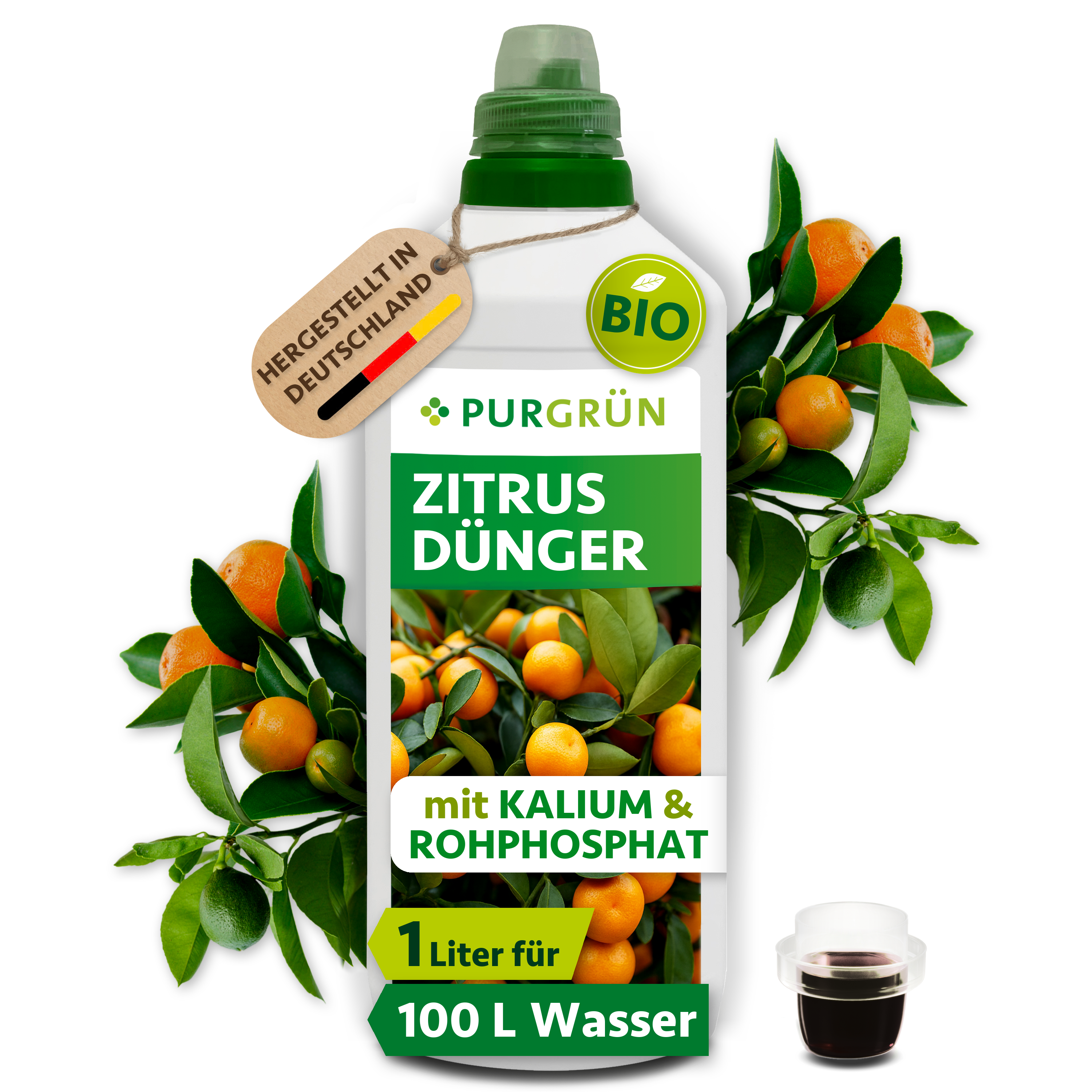Purgrün | Zitrusdünger Bio flüssig 1 L für 100 L Gießwasser, vegan, für aromatische Zitrusfrüchte