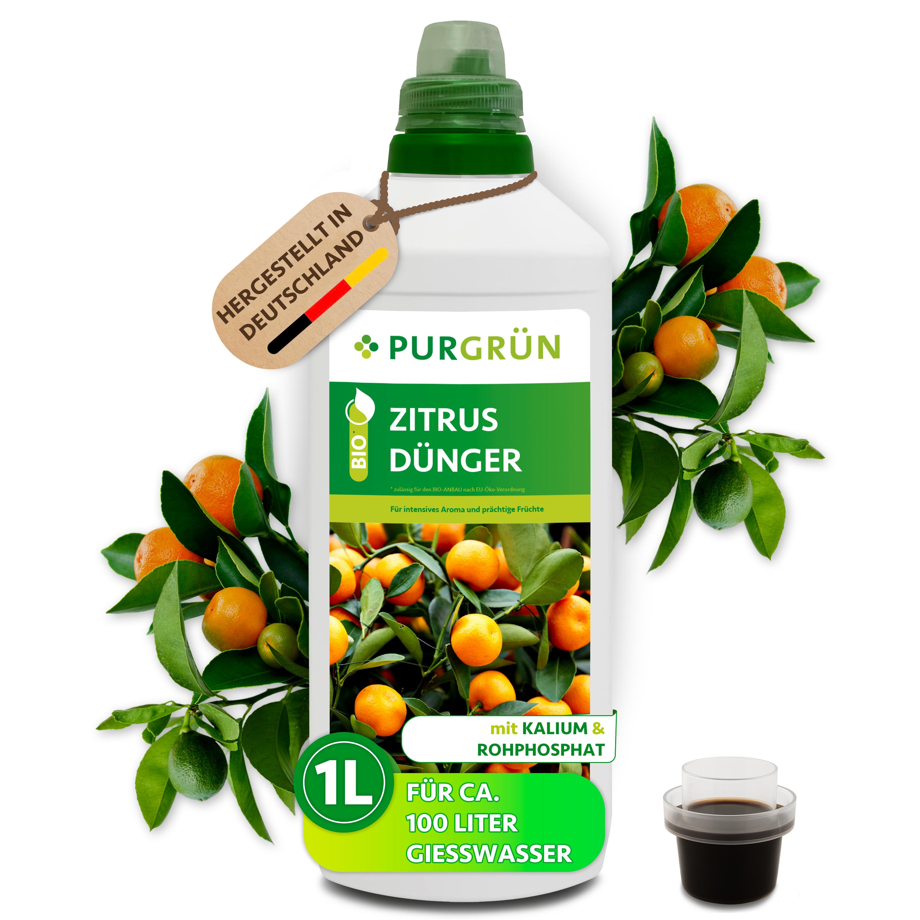 Purgrün / Zitrusdünger Bio flüssig 1 L für 100 L Gießwasser, vegan, für aromatische Zitrusfrüchte