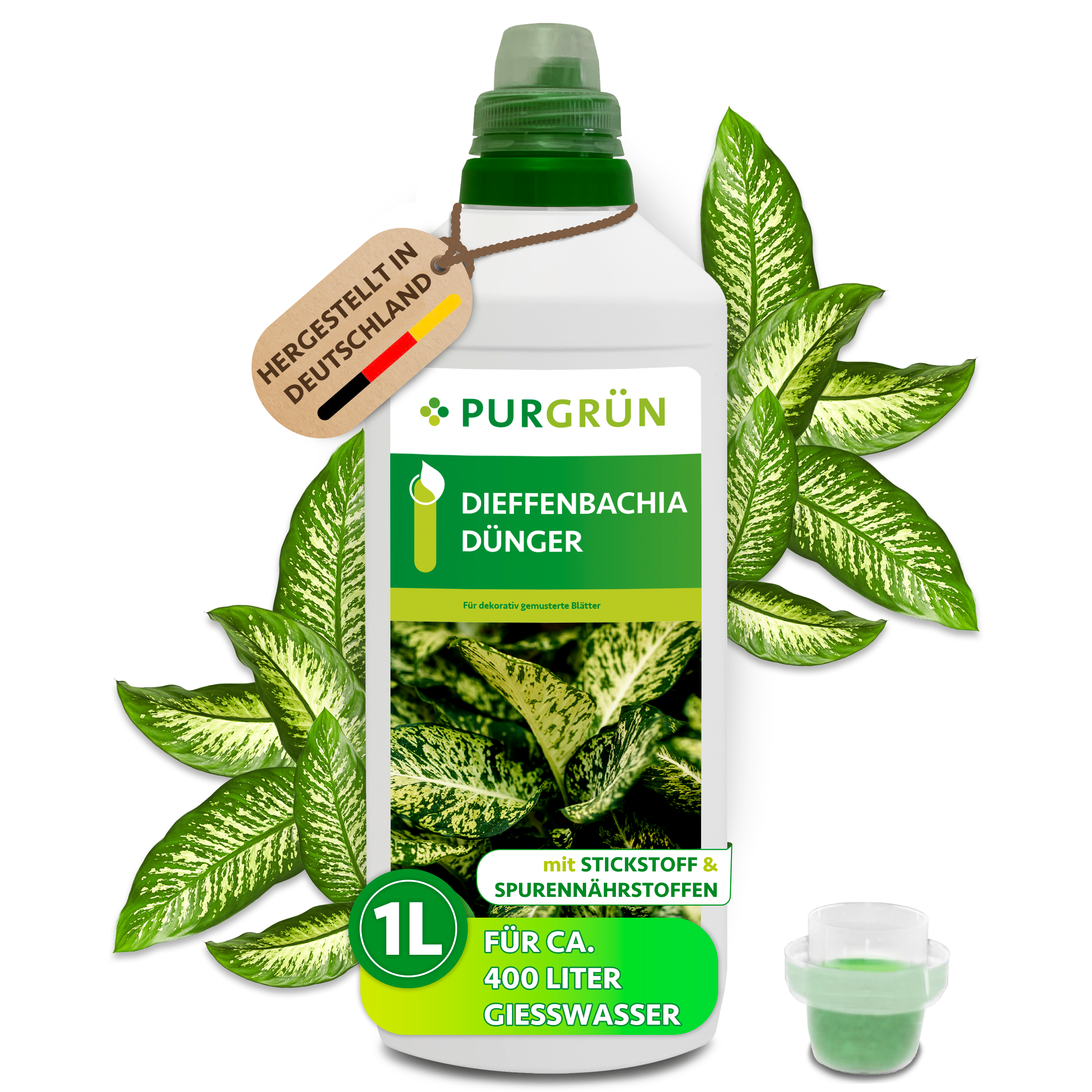 Dieffenbachia Dünger flüssig 1 L, für intensiv gemusterte Blätter, mit Spurennährstoffen – Purgrün