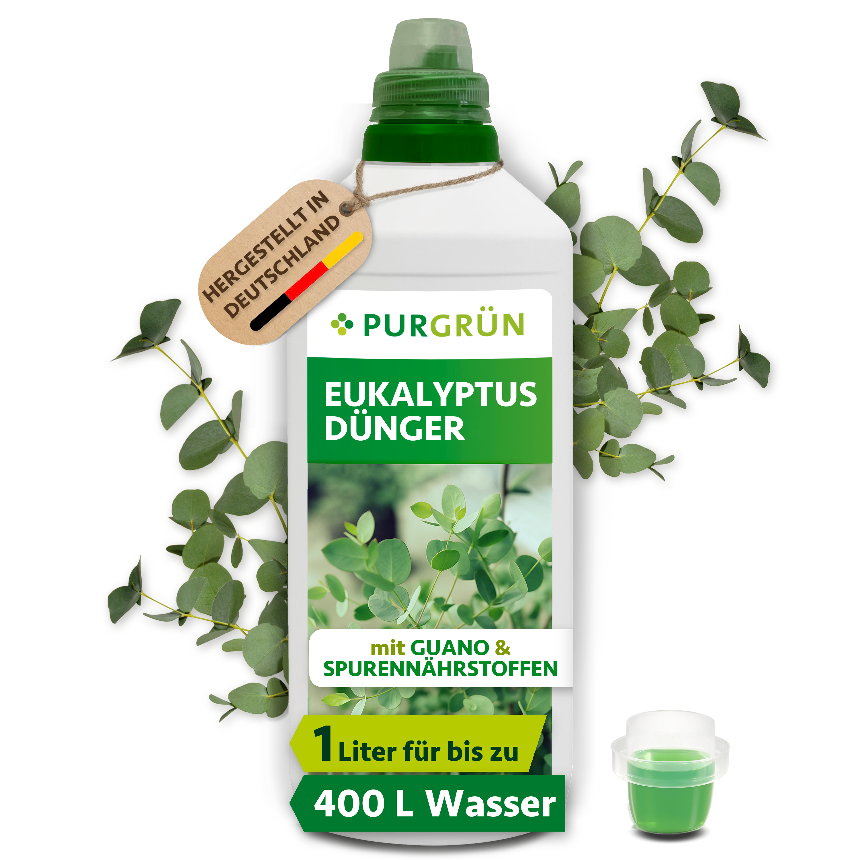 Purgrün | Eukalyptus Dünger flüssig 1 L für 400 L Gießwasser, mit Guano, für üppiges Blattwerk