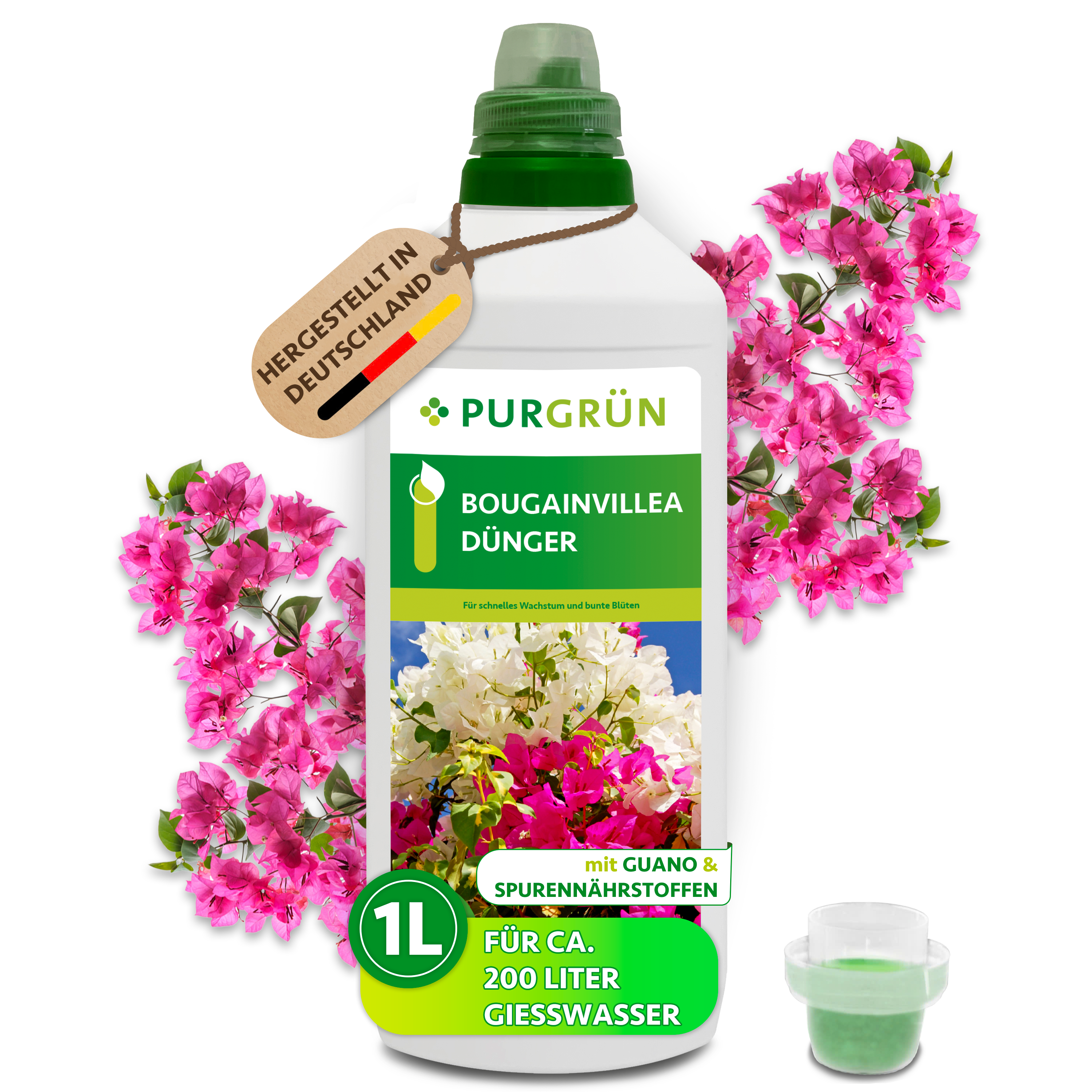 Bougainvillea Dünger flüssig 1 L für 200 L Gießwasser, mit Guano, für üppige Blüten – Purgrün
