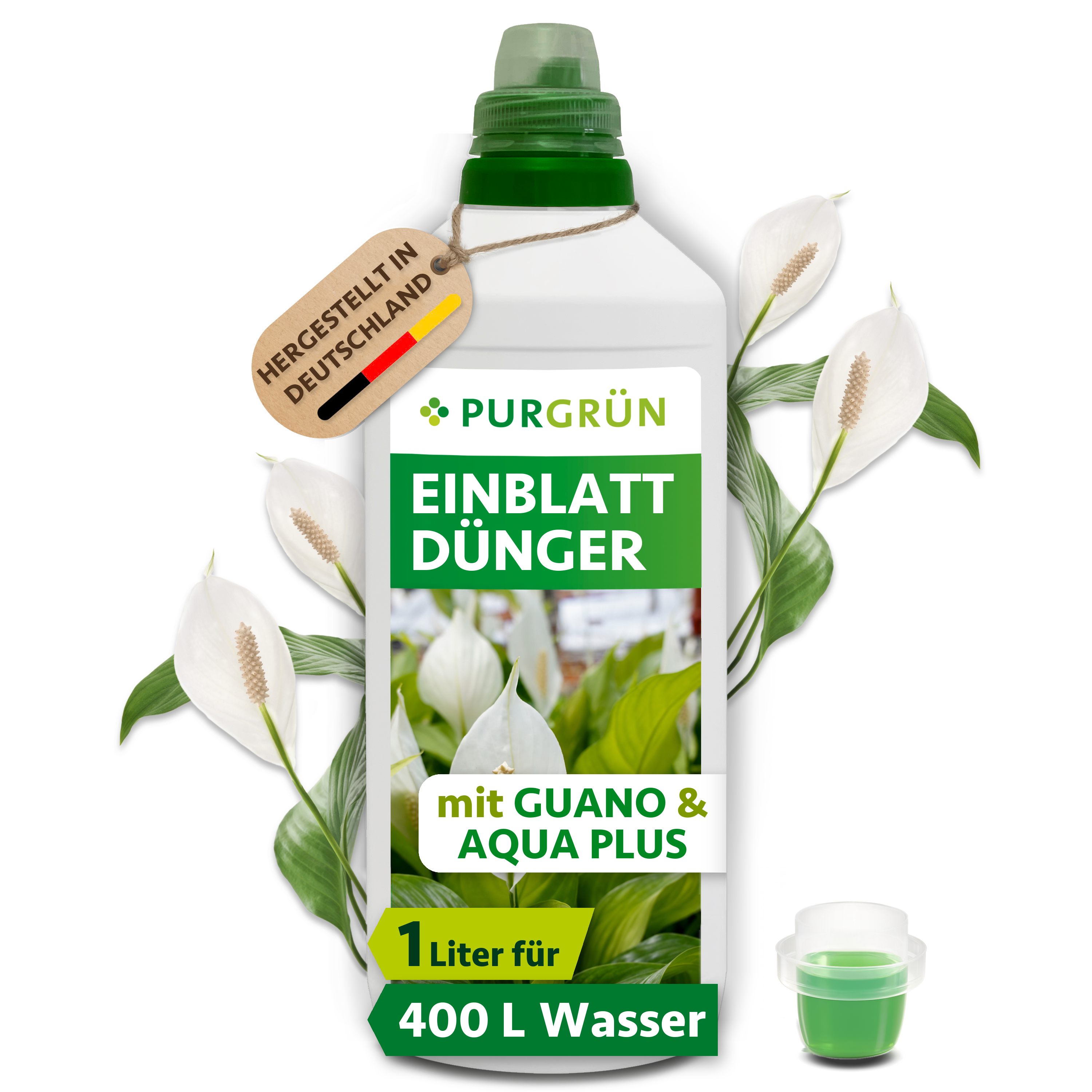 Purgrün | Einblatt Dünger flüssig 1 L für 400 L Gießwasser, mit Guano & Aqua Plus