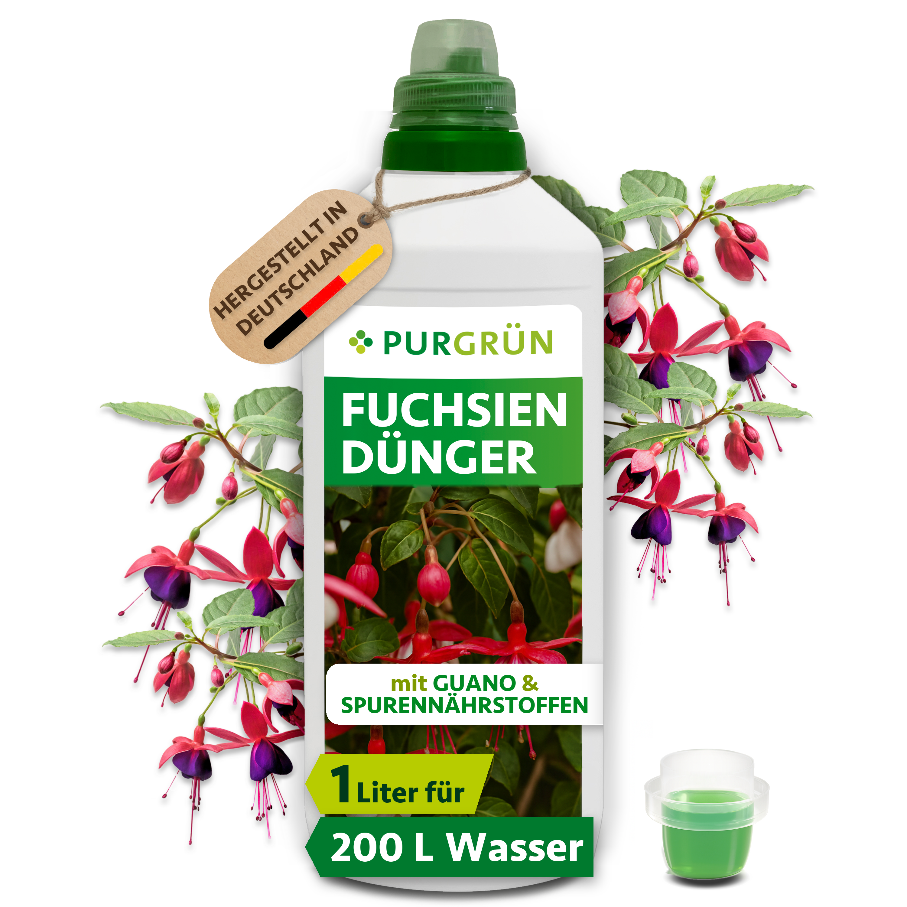 Fuchsien Dünger flüssig 1 L, für 200 L Gießwasser, mit Guano & Spurennährstoffen, chloridarm – Purgrün
