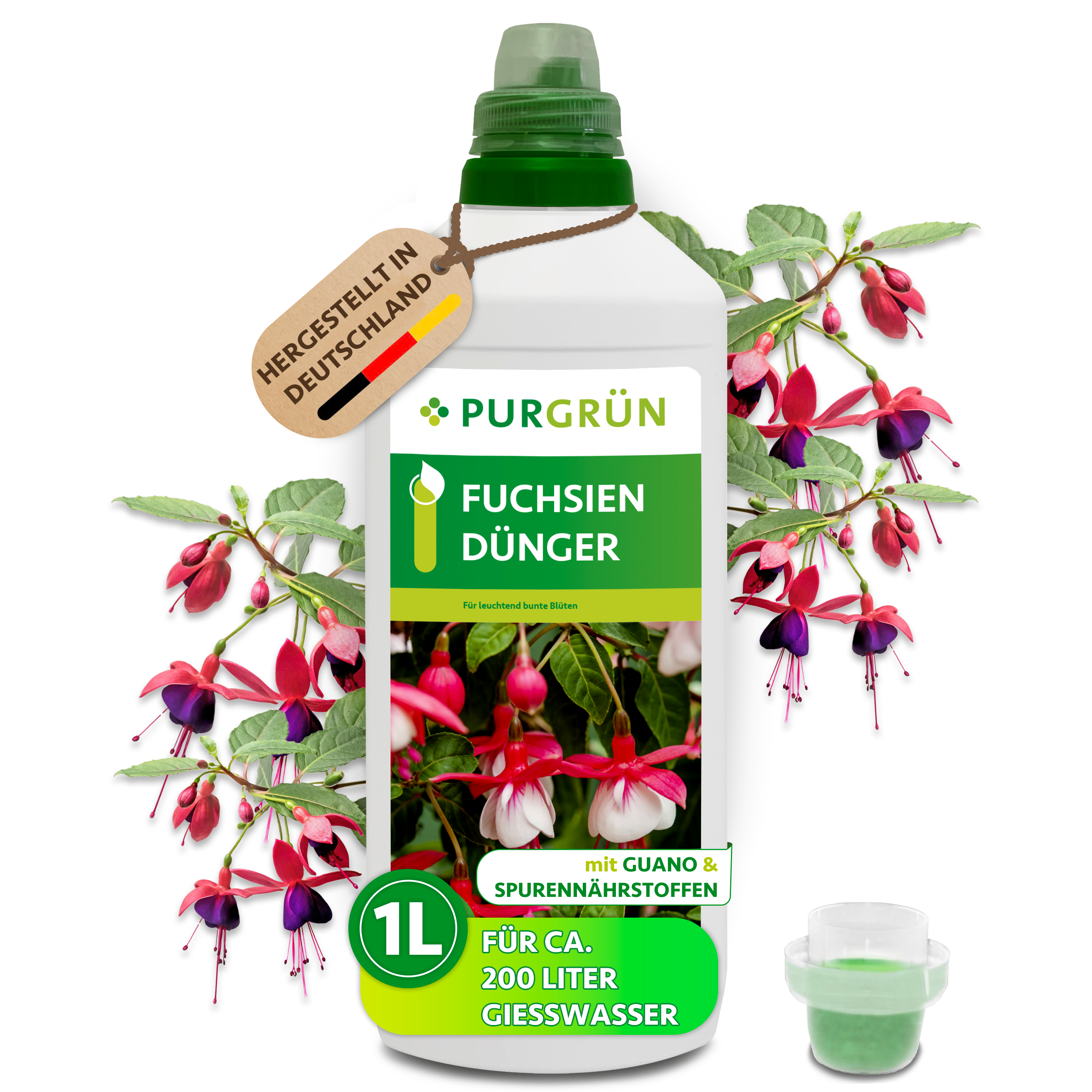 Fuchsien Dünger flüssig 1 L, für 200 L Gießwasser, mit Guano & Spurennährstoffen, chloridarm – Purgrün