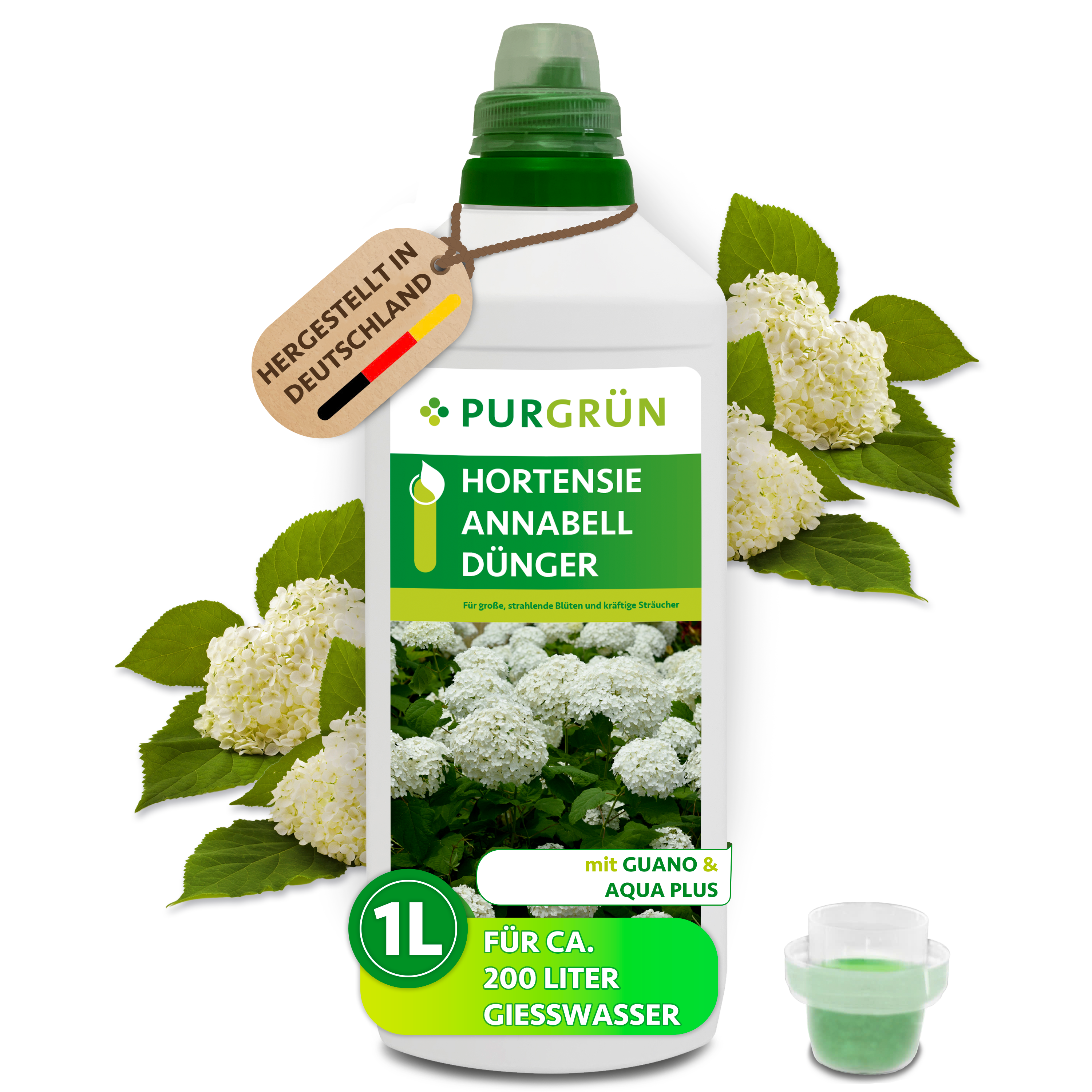 Purgrün / Hortensie Annabell Dünger flüssig 1 L, mit Guano & Aqua Plus, für üppige Blüten