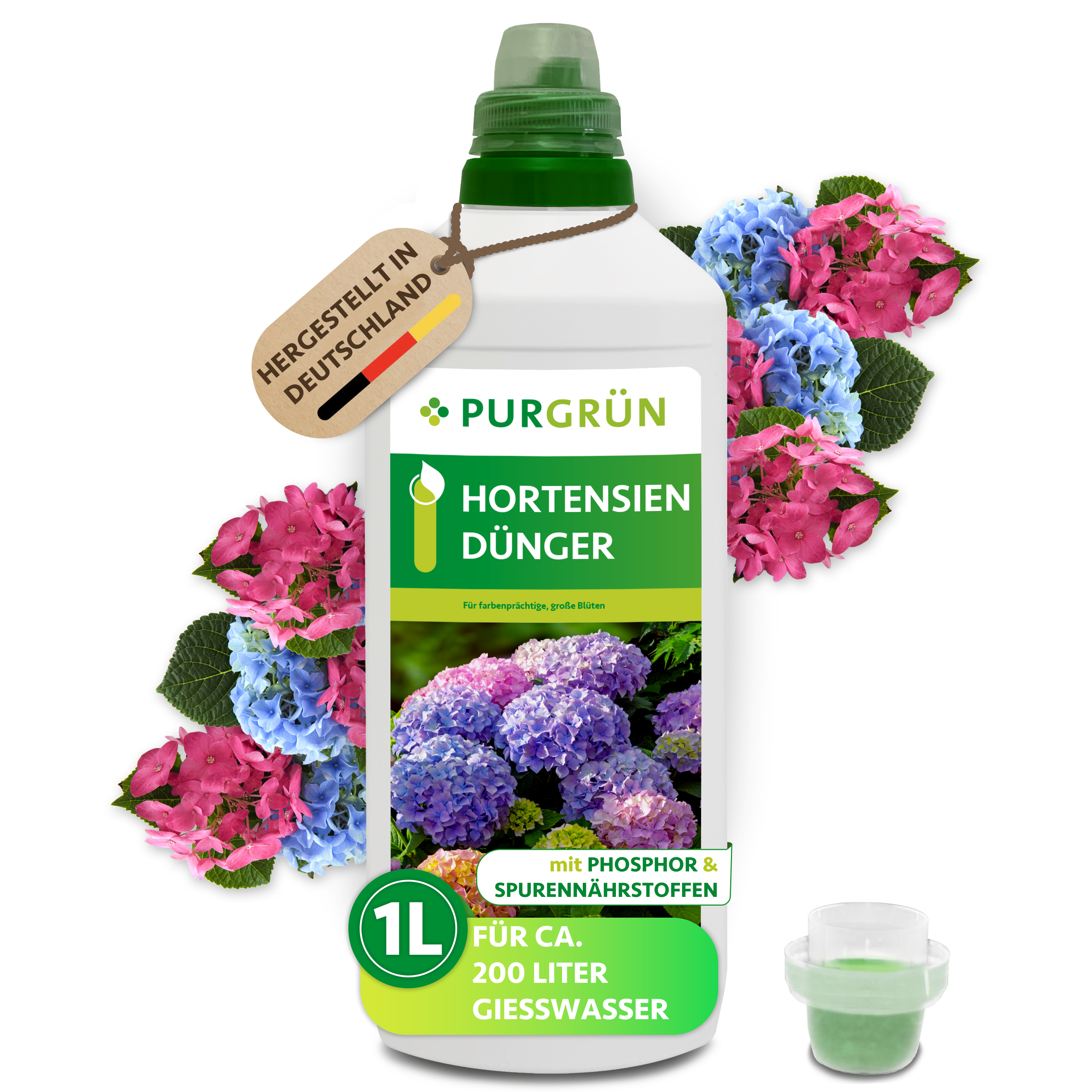 Hortensiendünger flüssig 1 L für 200 L Gießwasser, chloridarm, für farbintensive Blüten – Purgrün