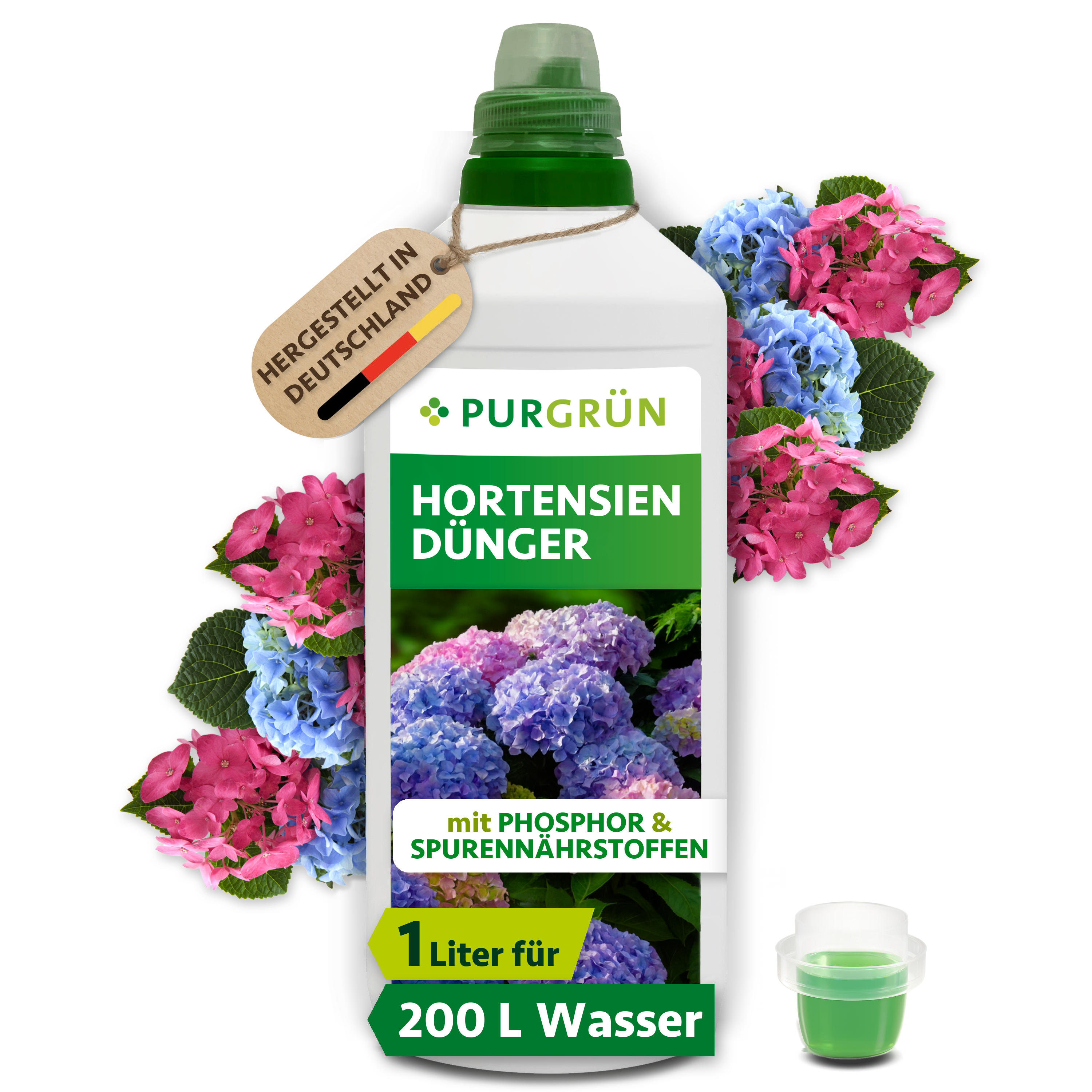 Hortensiendünger flüssig 1 L für 200 L Gießwasser, chloridarm, für farbintensive Blüten – Purgrün