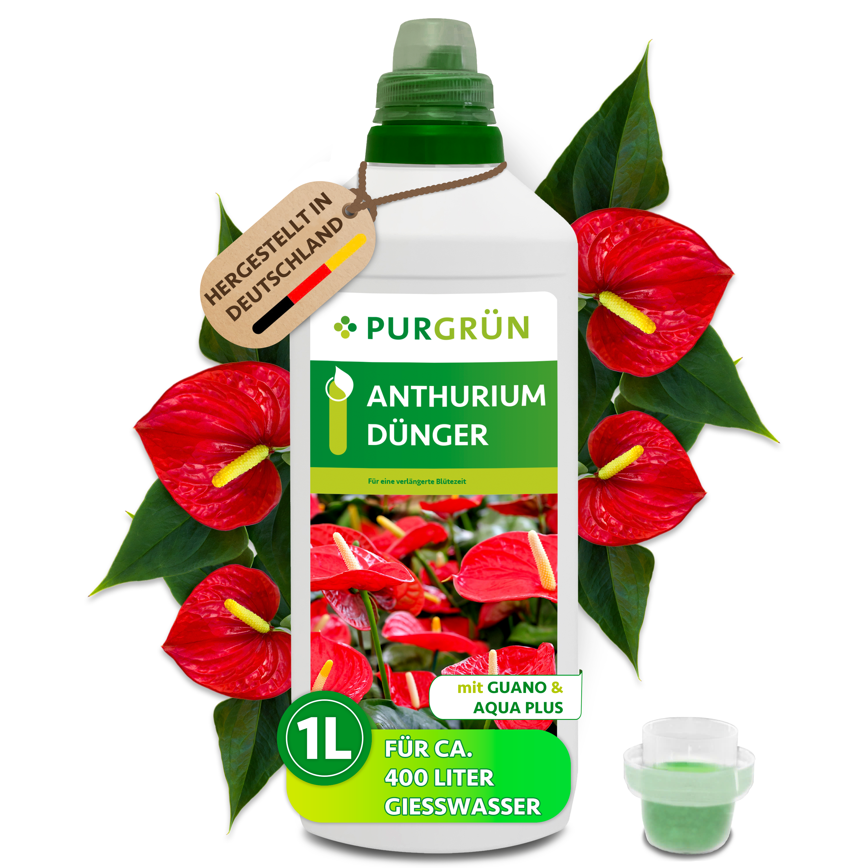Purgrün / Anthurium Dünger flüssig 1 L für ca. 400 L Gießwasser, mit Guano & Aqua Plus
