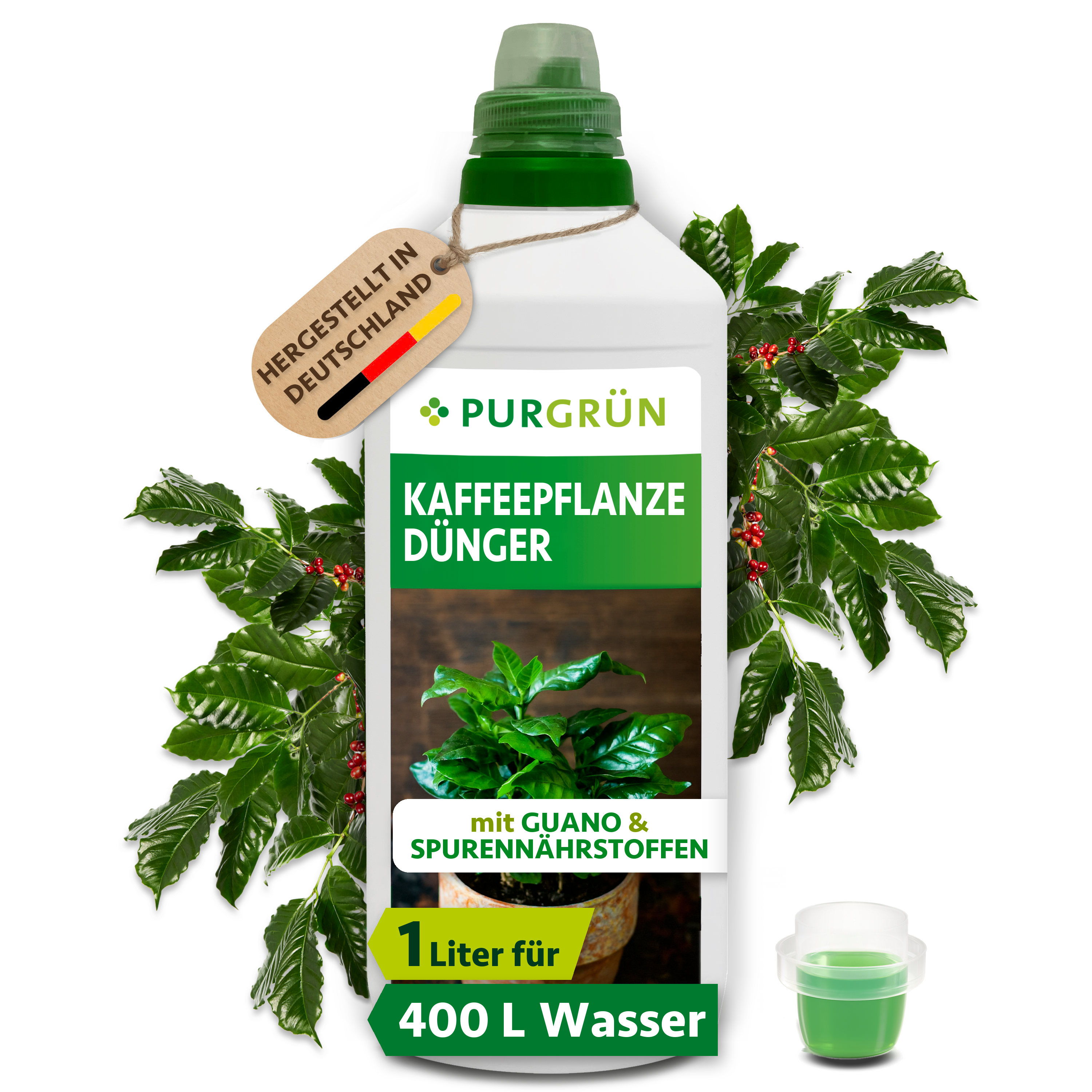 Purgrün | Kaffeepflanze Dünger flüssig 1 L für bis zu 400 L Gießwasser, mit Guano, chloridarm