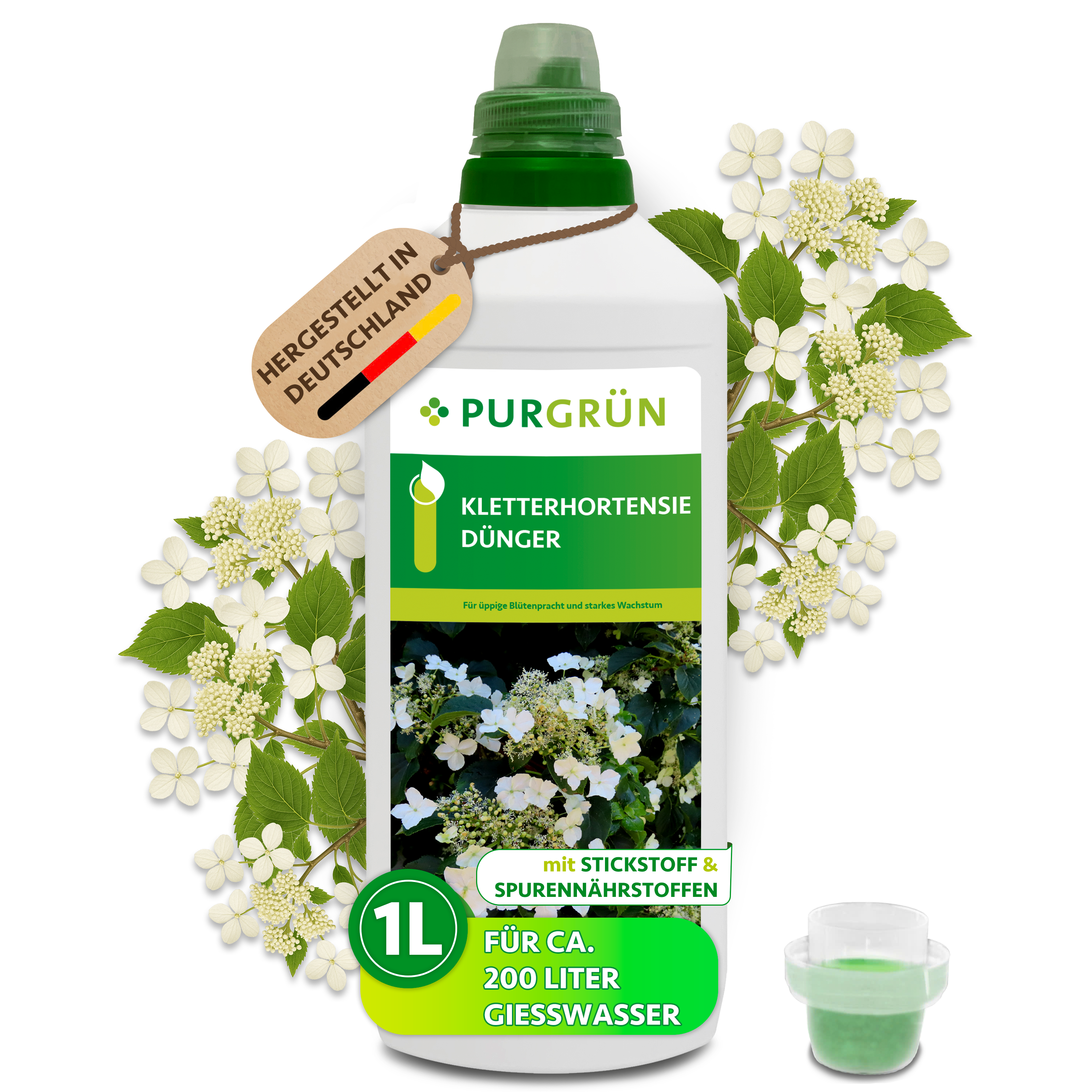 Kletterhortensie Dünger flüssig 1 L für 200 L Gießwasser, für leuchtende Blüten & robuste Pflanzen – Purgrün
