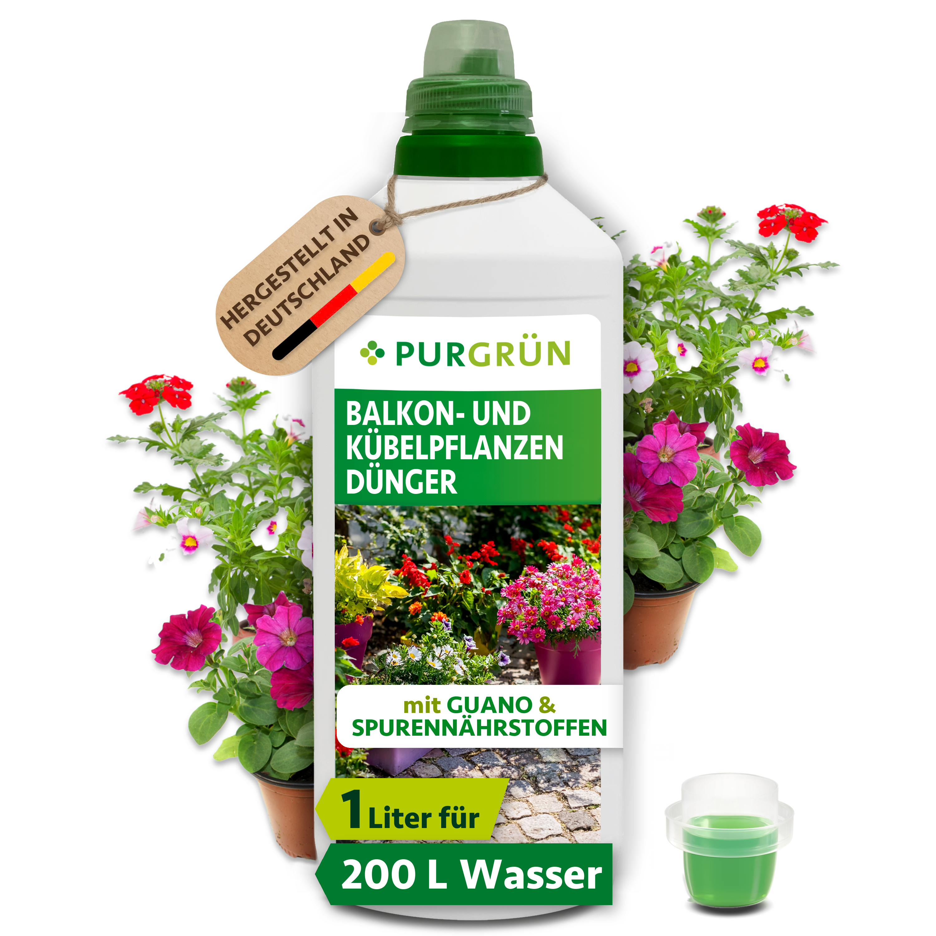 Balkon- und Kübelpflanzendünger flüssig 1 L, für 200 L Gießwasser, organisch-mineralisch, mit Guano & Spurennährstoffen – Purgrün
